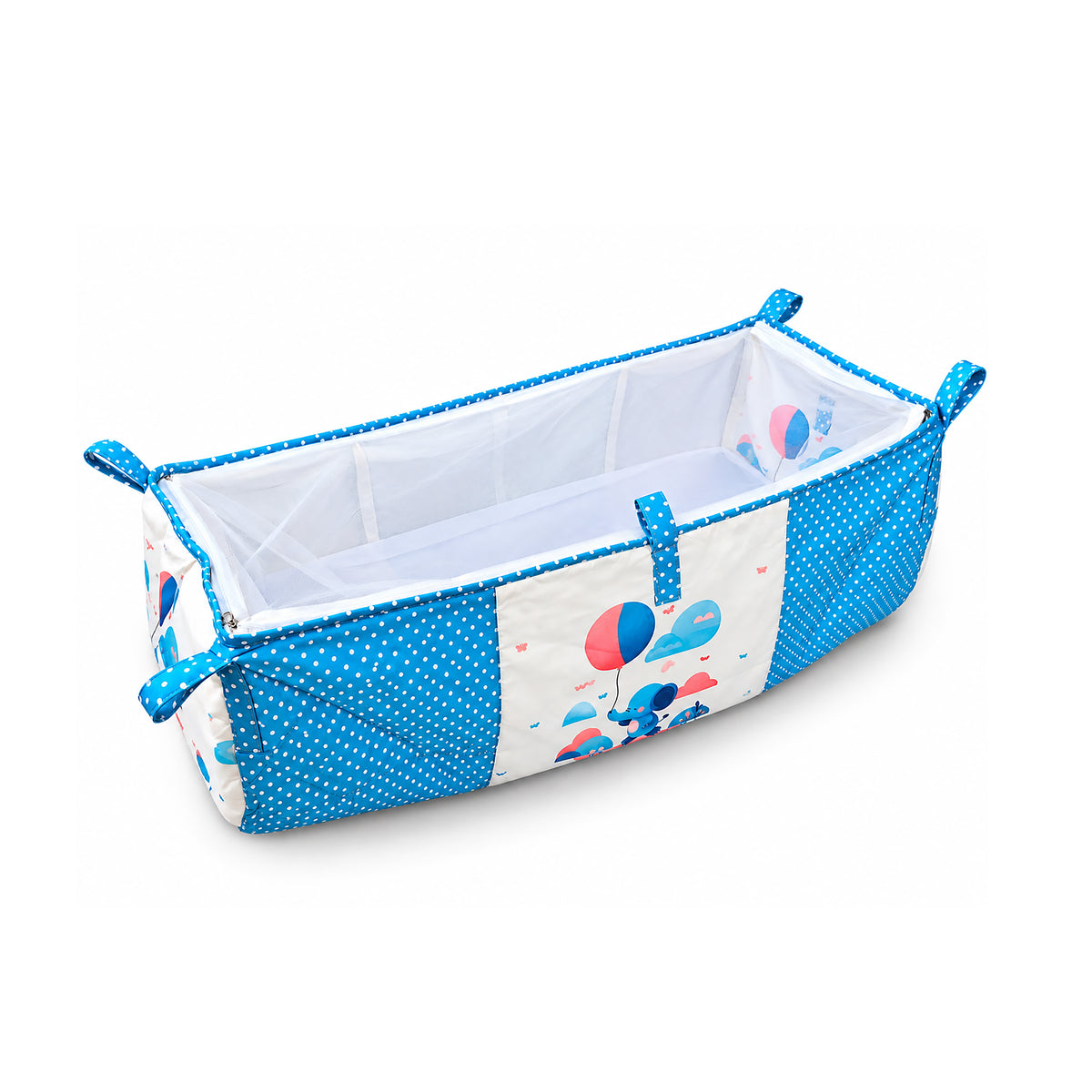 Baby Blue Printed Baby Bassinet | Portable Newborn Sleeping Bed with Mosquito Net | Foldable Cradle for Infants & Newborns
