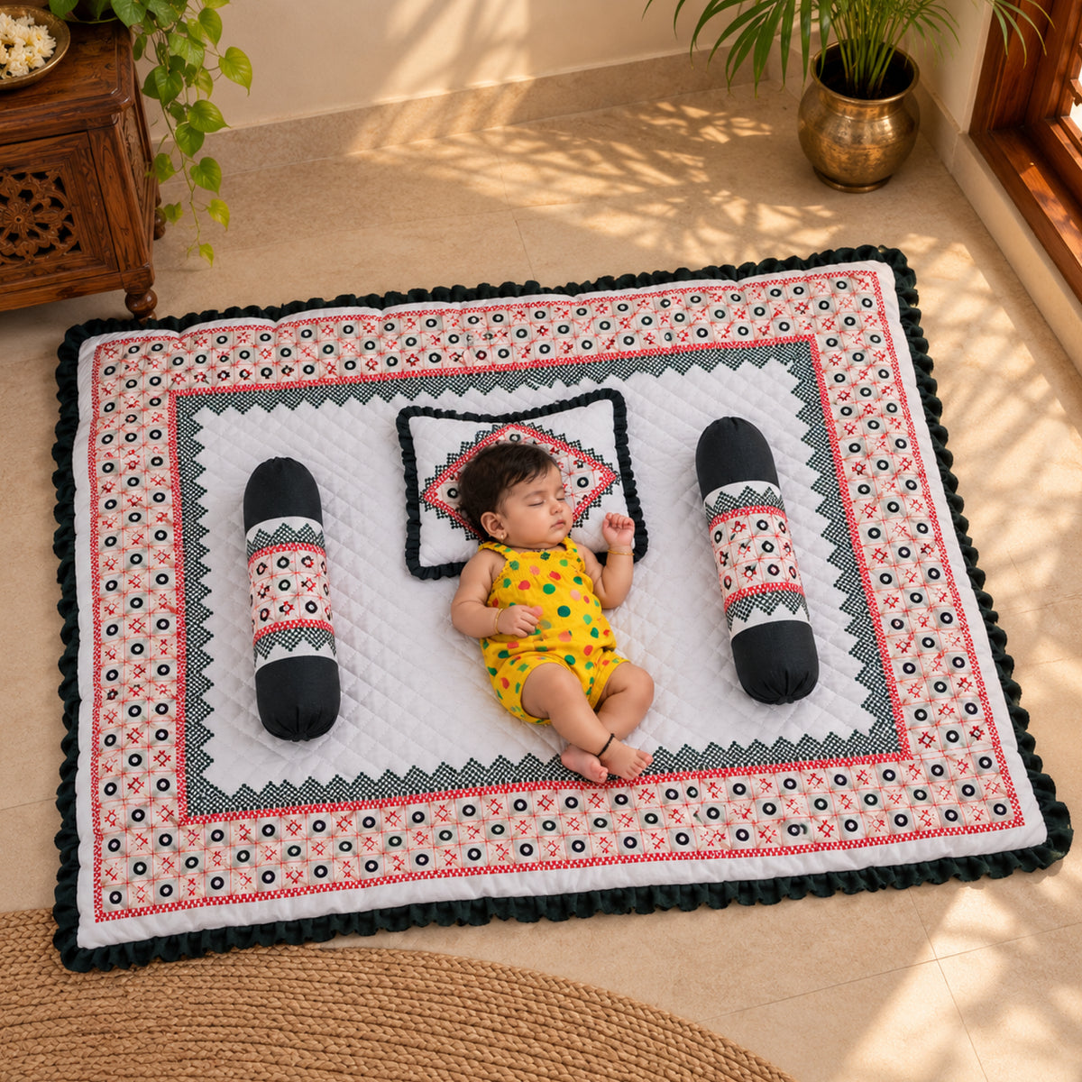 Chhathi Pujan Baby Bedding Mat Set | Traditional Embroidered Baby Godhadi with Pillow & Bolster Set | Soft Double Cotton Fabric | Newborn Baby Sleeping & Pujan Decor