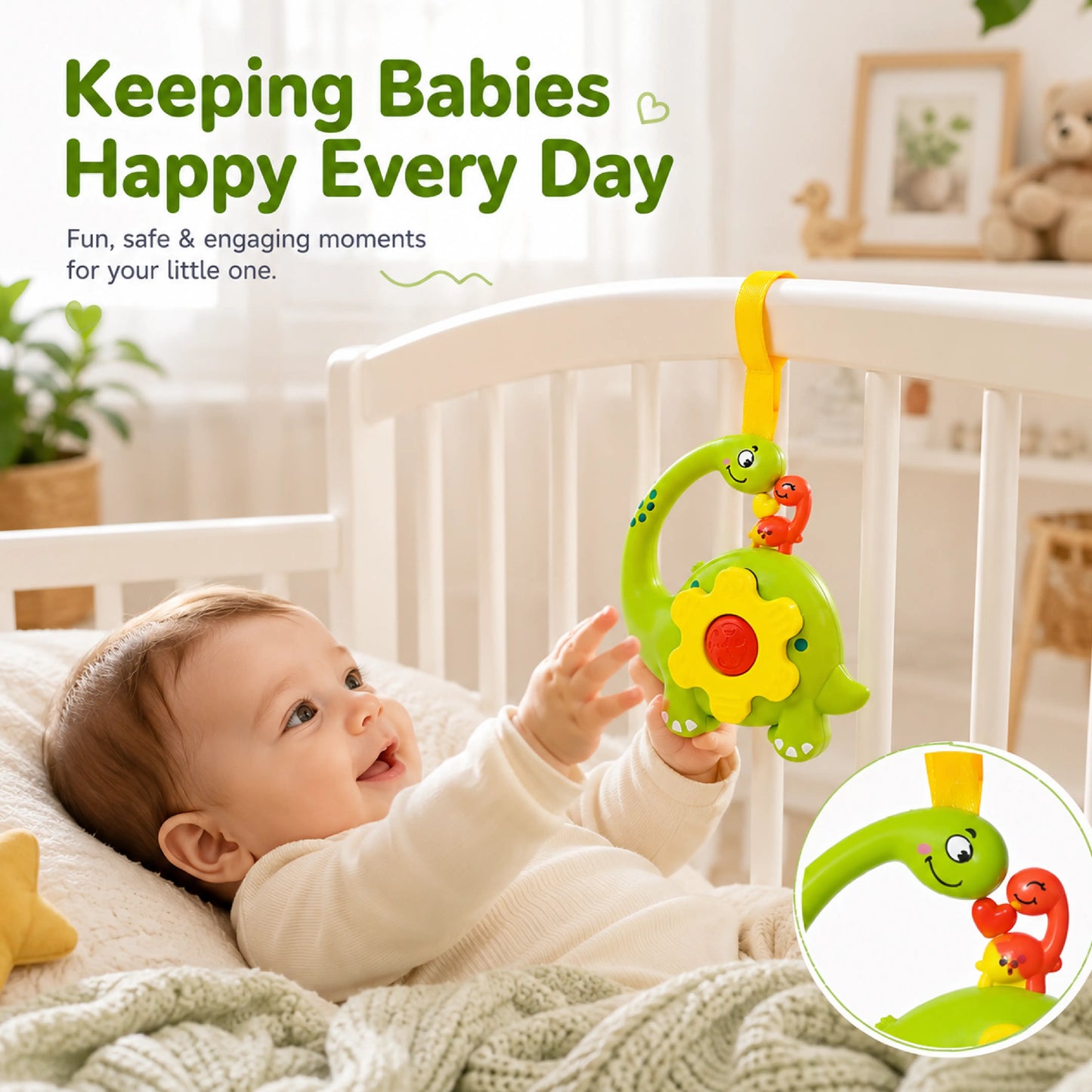 Green Dinosaur Musical Hanging Toy for Baby Cradle – Light & Sound