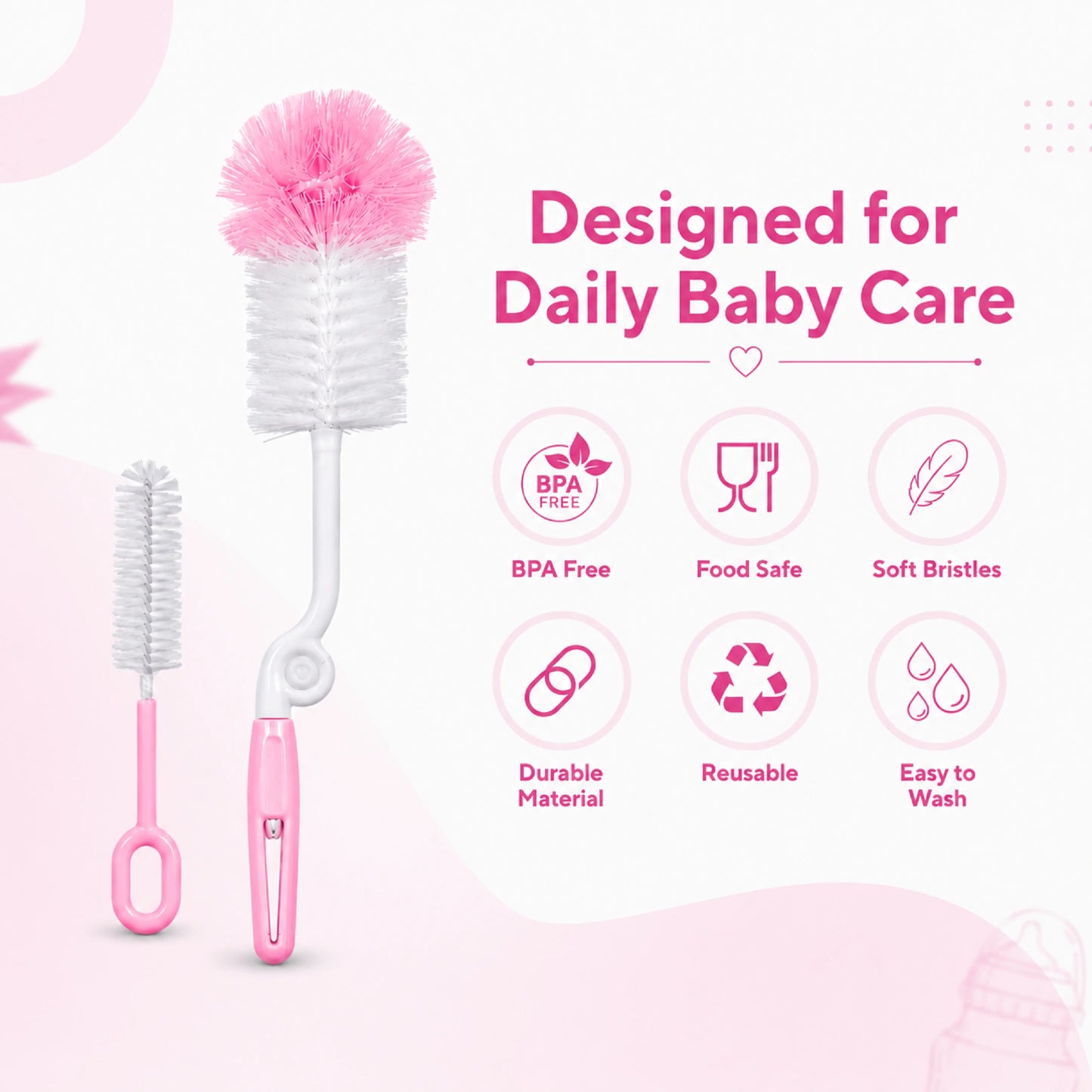 Baby Feeding Bottle Cleaning Brush Set, BPA Free – Pink
