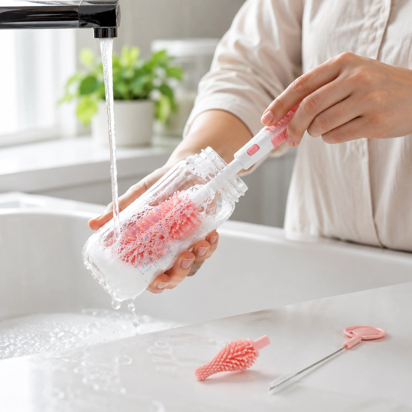 Baby Feeding Bottle Cleaning Brush Set, BPA Free – Pink
