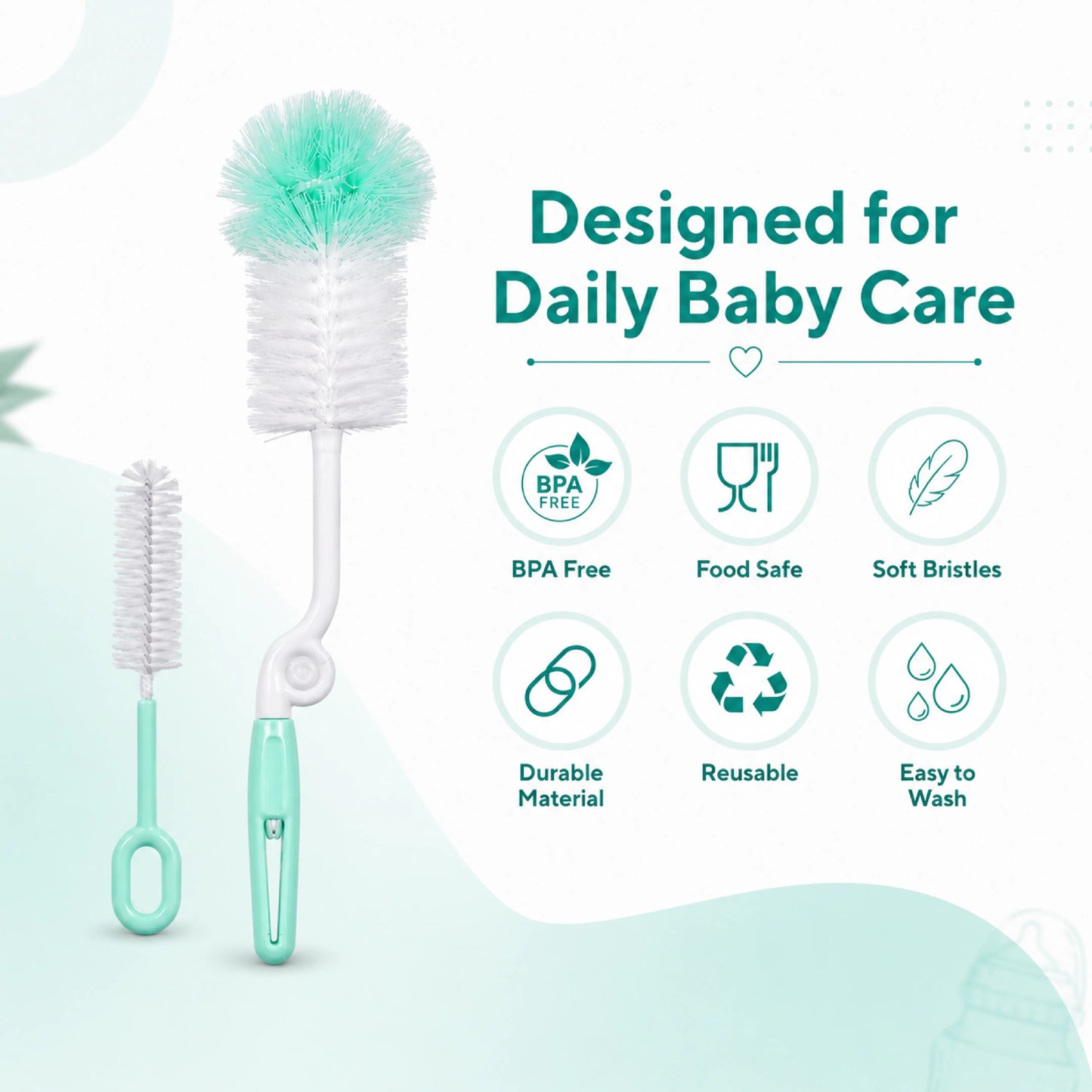 Baby Feeding Bottle Cleaning Brush Set, BPA Free – Teal