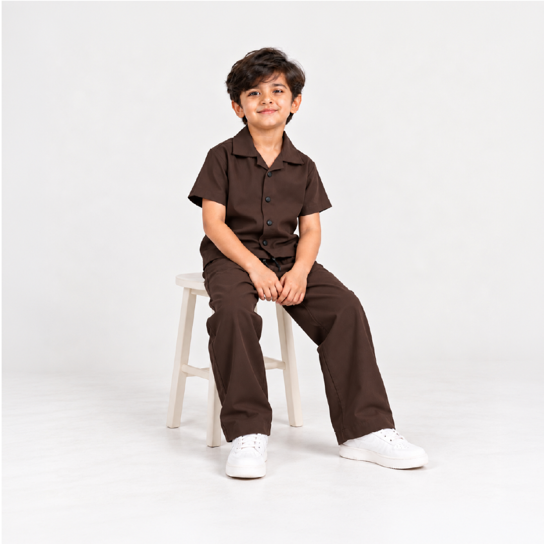 Boys Dark Brown Shirt & Pant Set | Half Sleeve Collared Button-Down Shirt with Matching Full-Length Trousers | Kids Casual Co-Ord Set for Party, Family Functions & Daily Wear