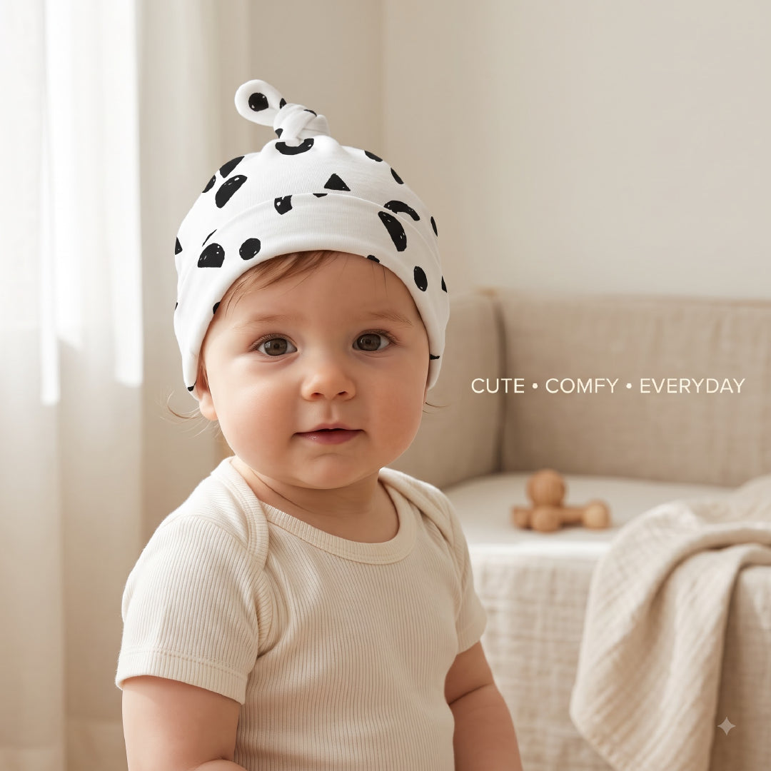Newborn Baby Cap | Cute Cow Print Baby Knot Hat | Soft Stretch Cotton-Feel Newborn Beanie | Black & White Baby Hat for Boys & Girls