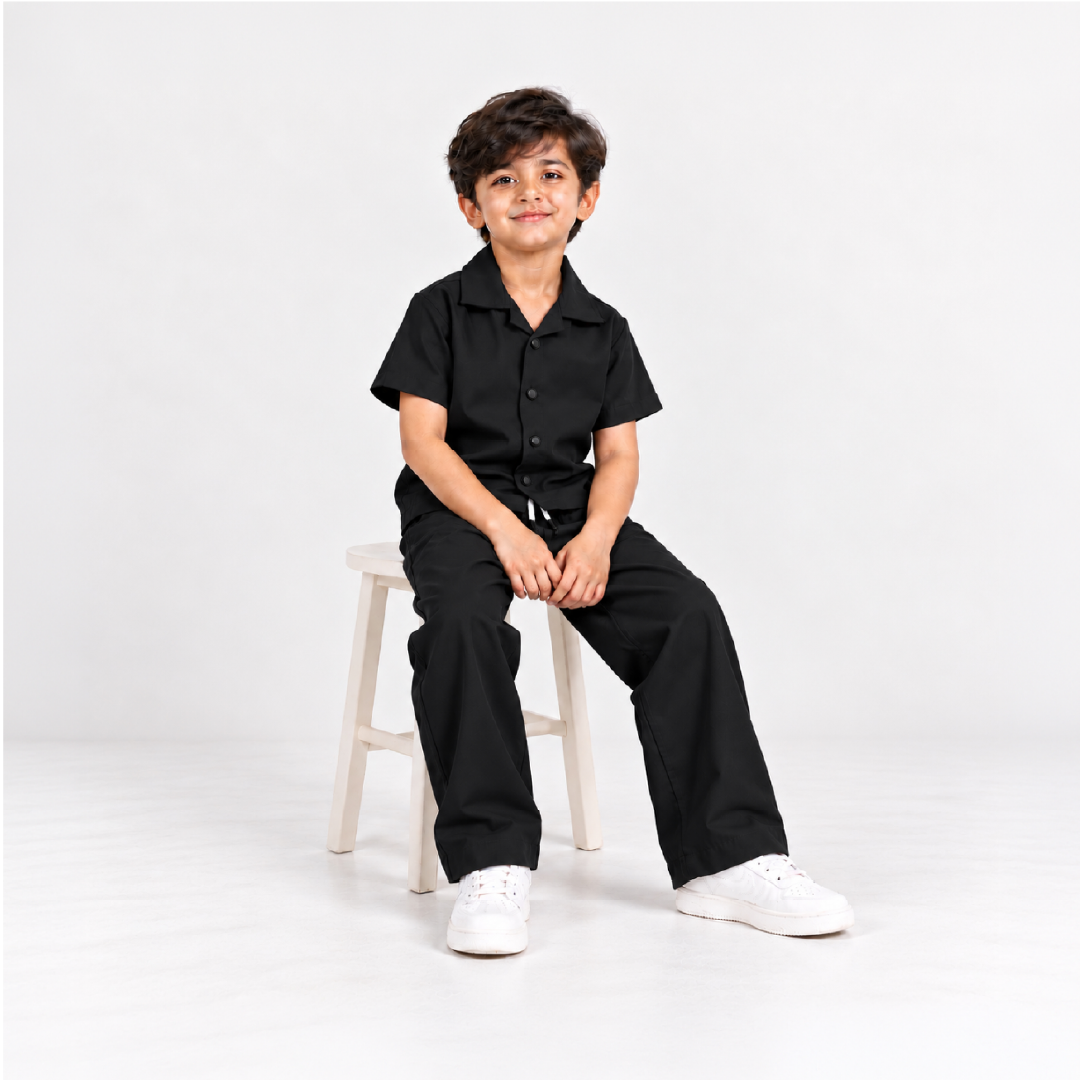 Boys Black Shirt & Pant Set | Half Sleeve Collared Button-Down Shirt with Matching Full-Length Trousers