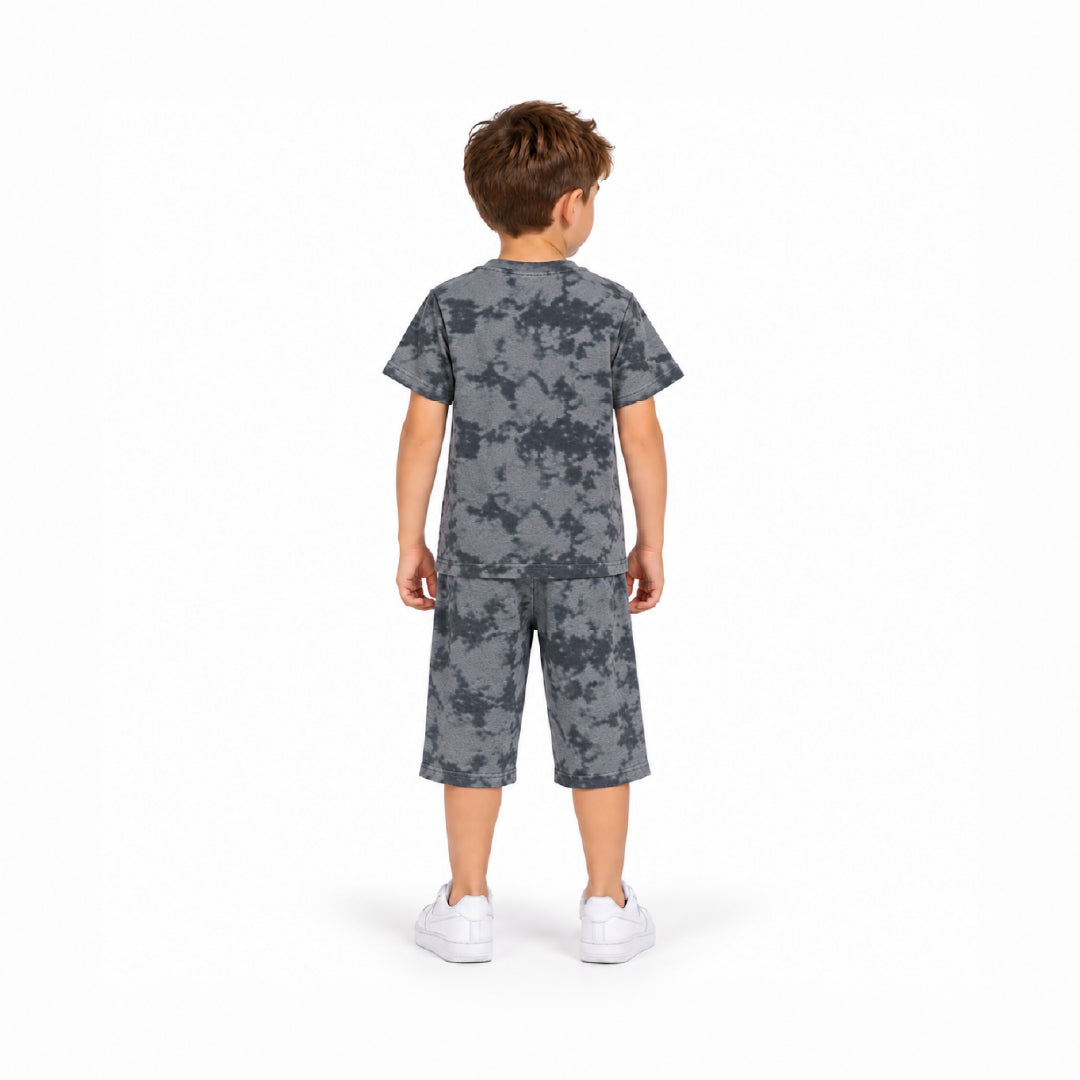 Boys Grey Camouflage Printed T-Shirt & Shorts Co-Ord Set | Half Sleeve Round Neck Cotton Summer Outfit | Stylish Casual Wear for Kids