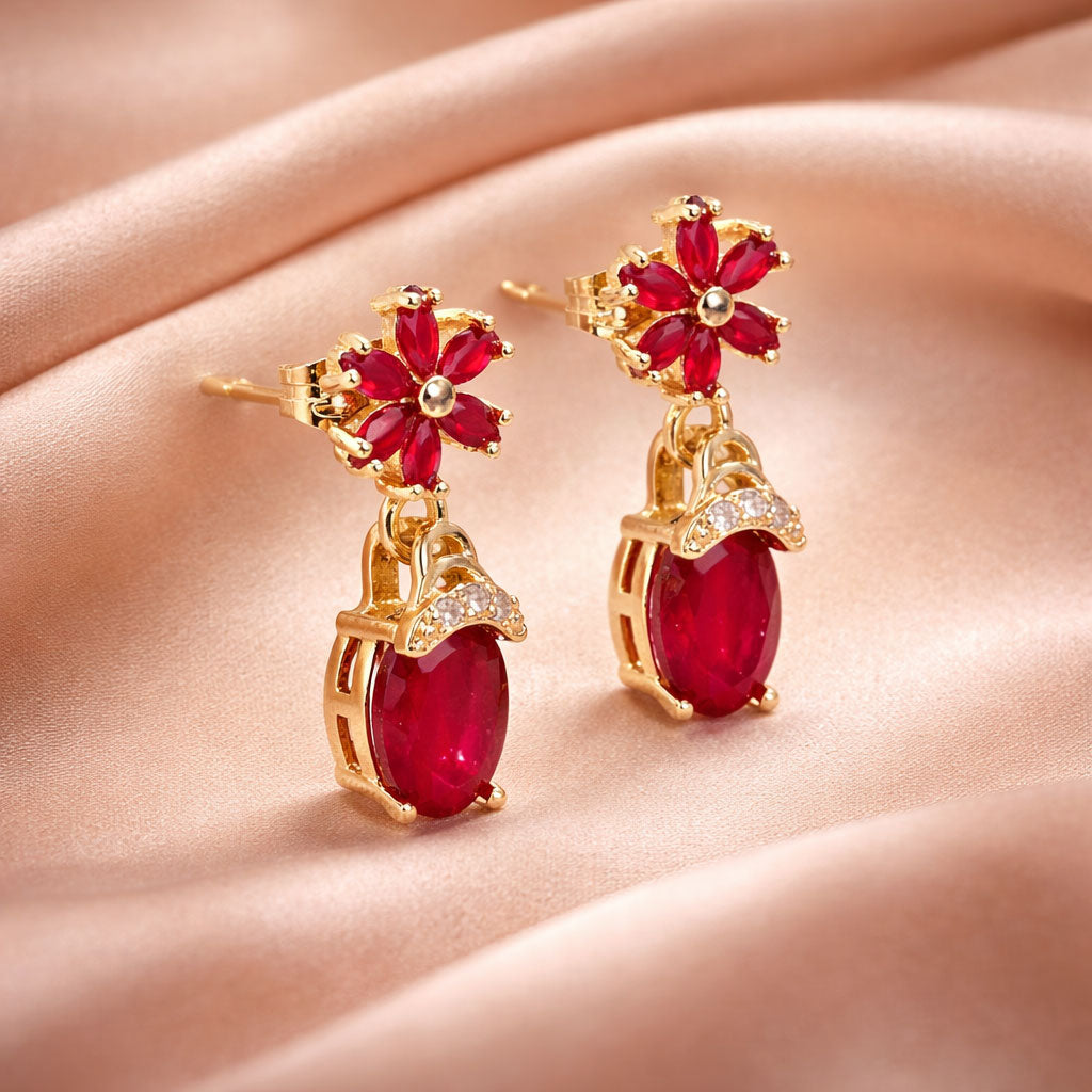 Shivora Ruby Red Blossom Crystal Drop Earrings
