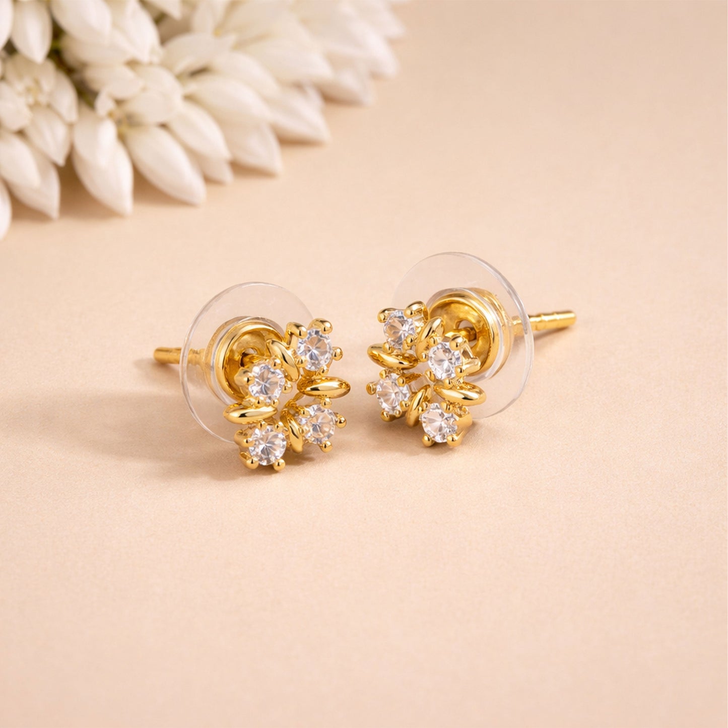 Shivora Crystal Floral Stud Earrings With Gold Tone