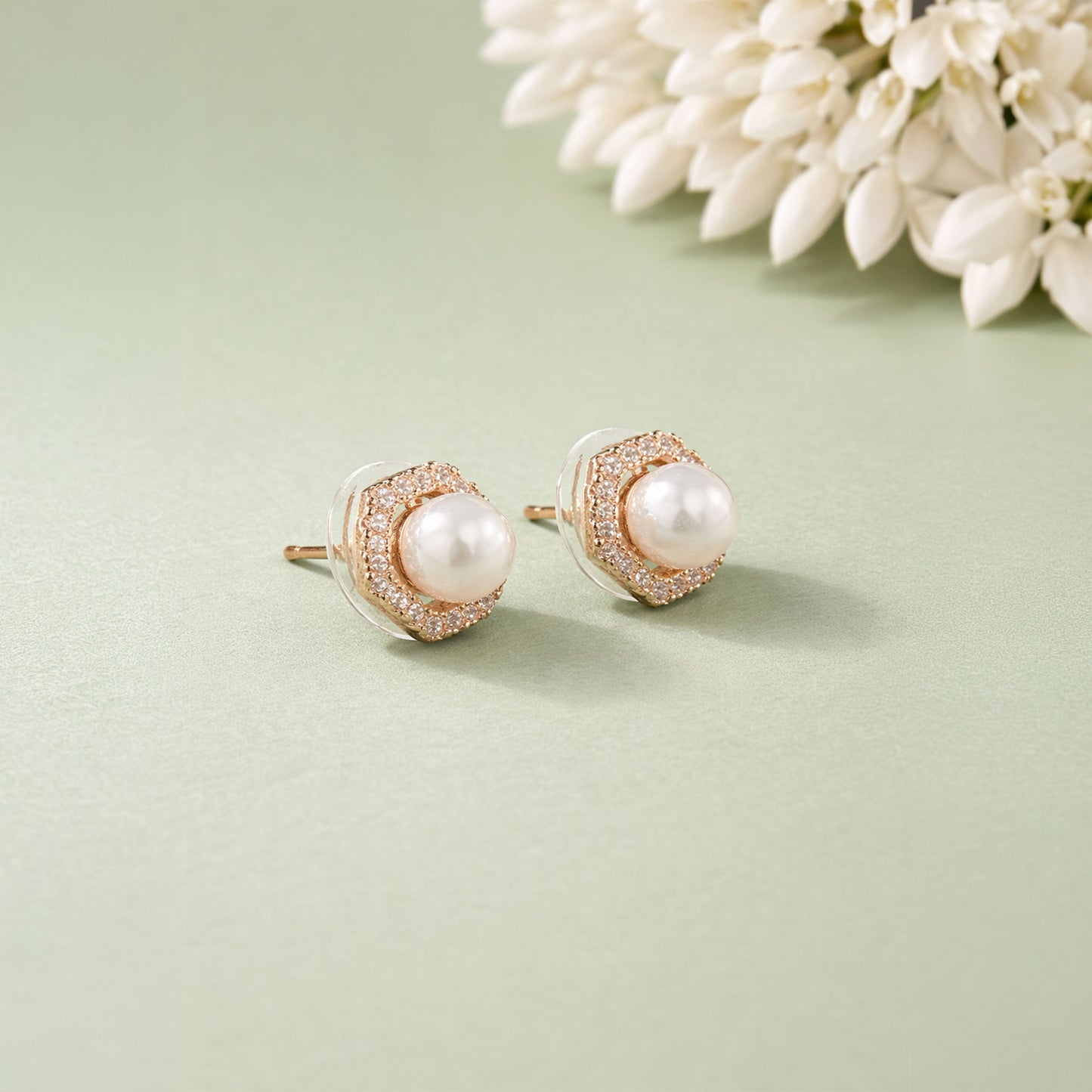 Shivora Hexagon Pearl Stud Earrings – Gold Tone