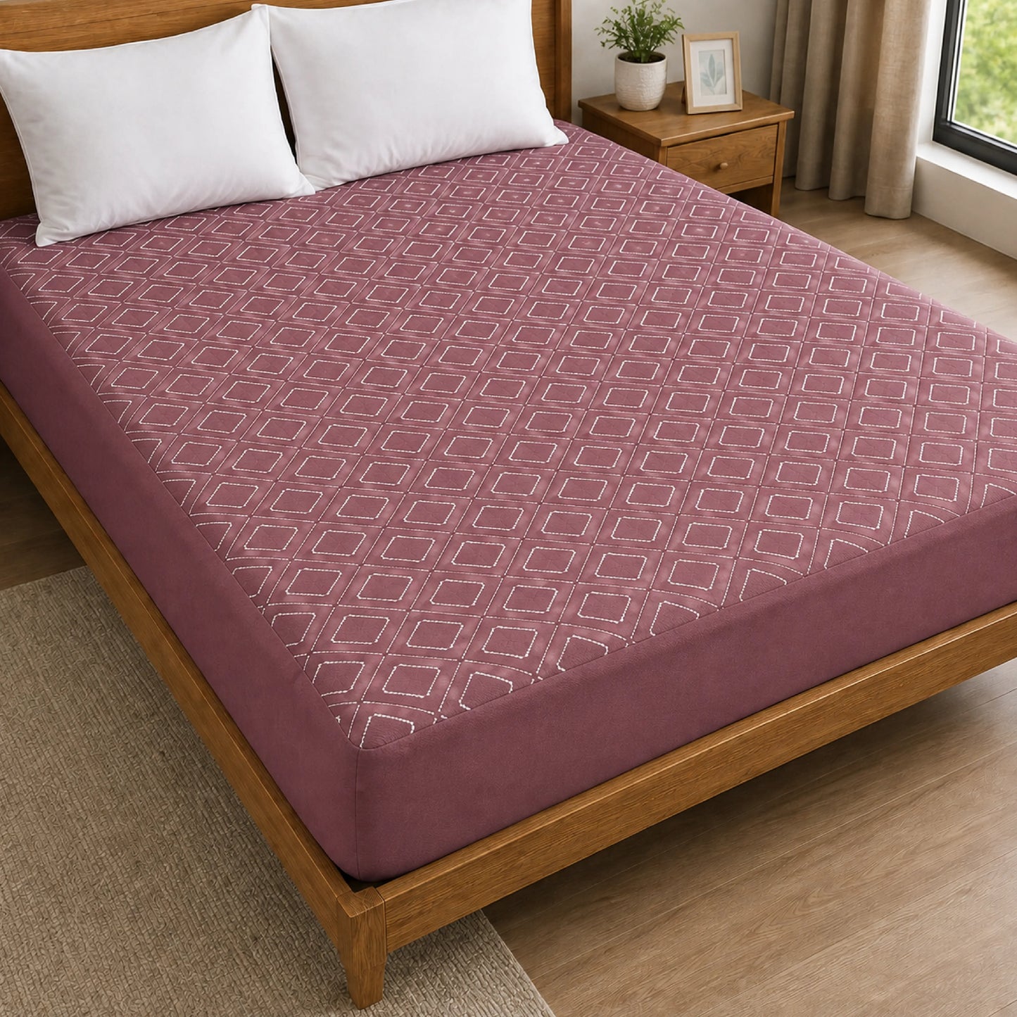 100% Waterproof Quilted Fitted Mattress Cover - Burgundy Pattern