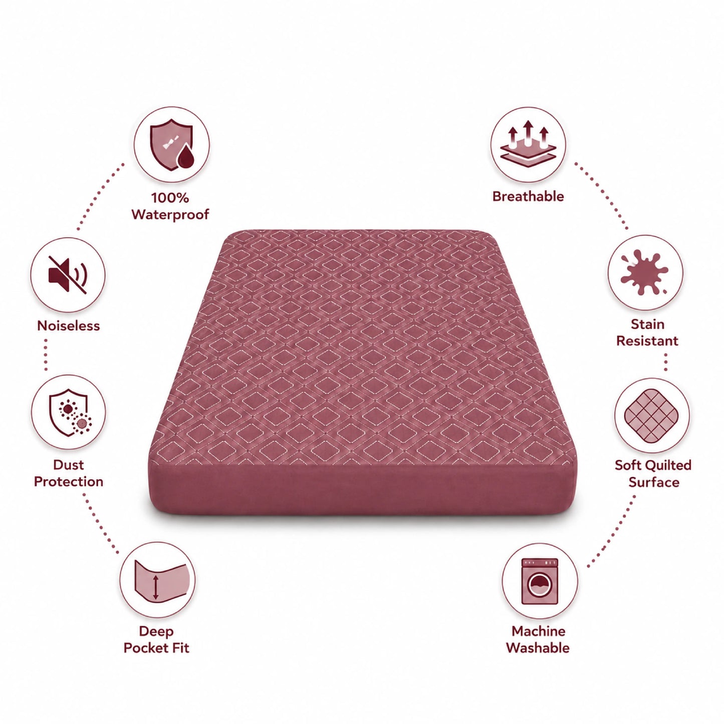 100% Waterproof Quilted Fitted Mattress Cover - Burgundy Pattern