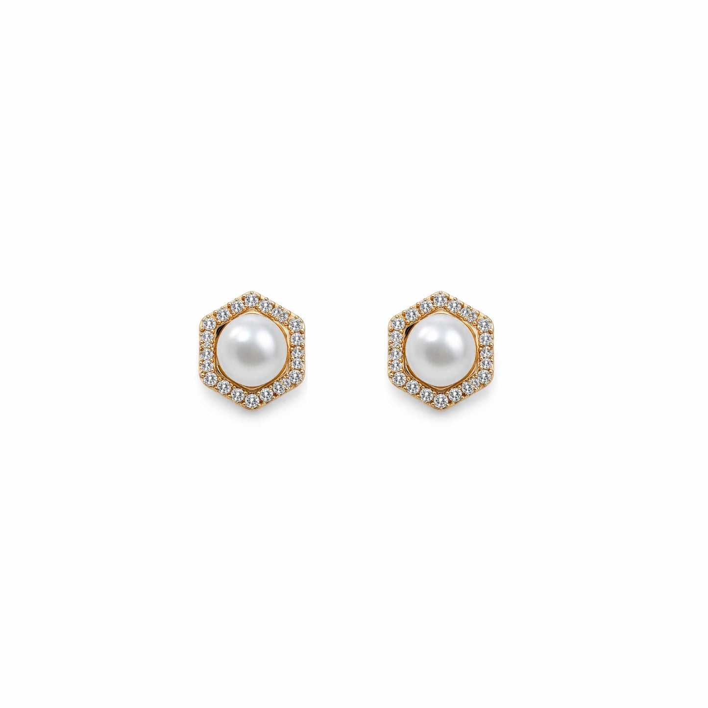 Shivora Hexagon Pearl Stud Earrings – Gold Tone