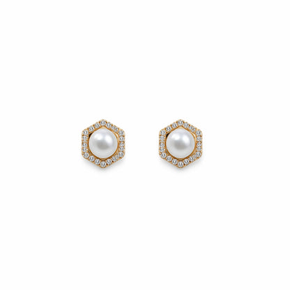 Shivora Hexagon Pearl Stud Earrings – Gold Tone