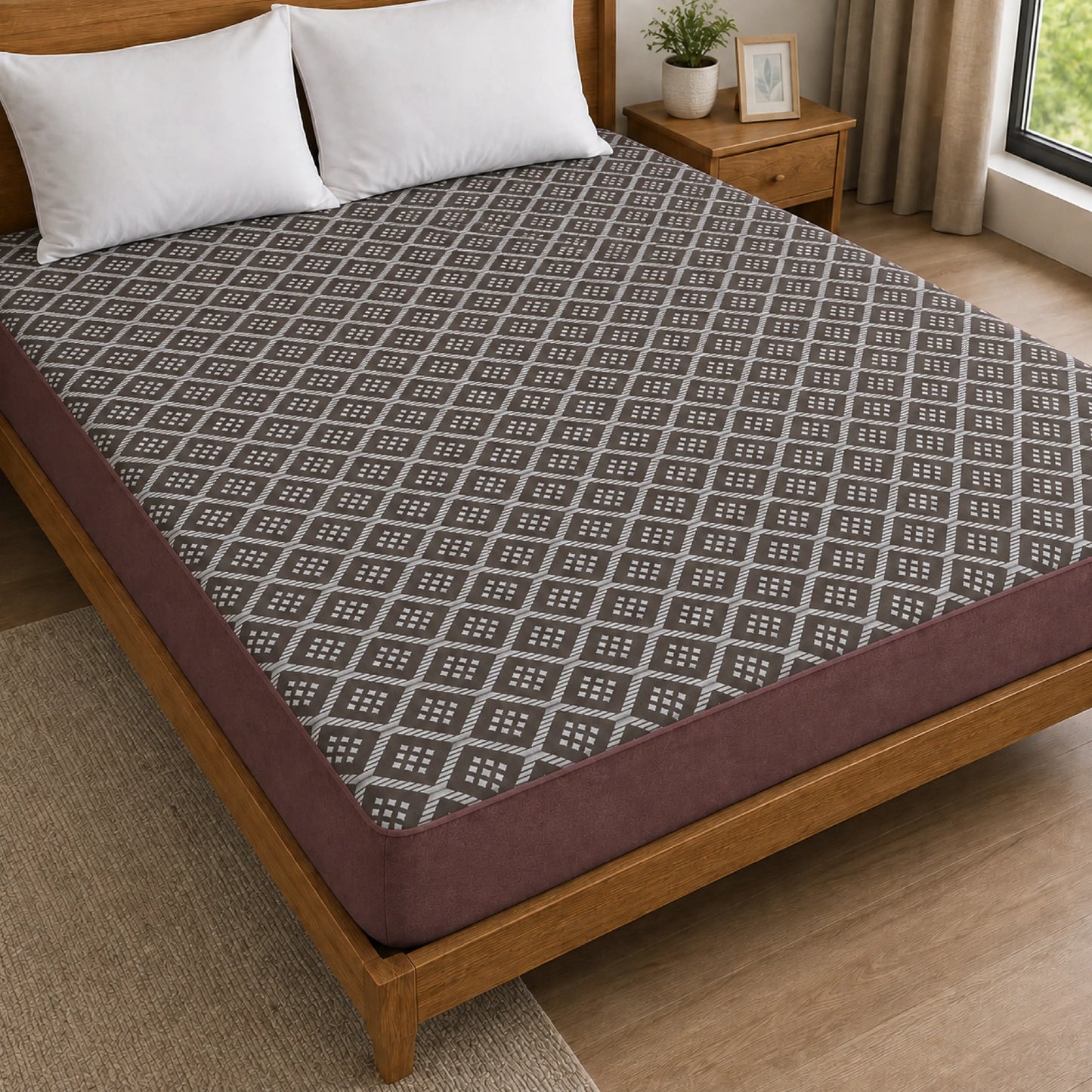 100% Waterproof Quilted Fitted Mattress Cover - Brown Pattern