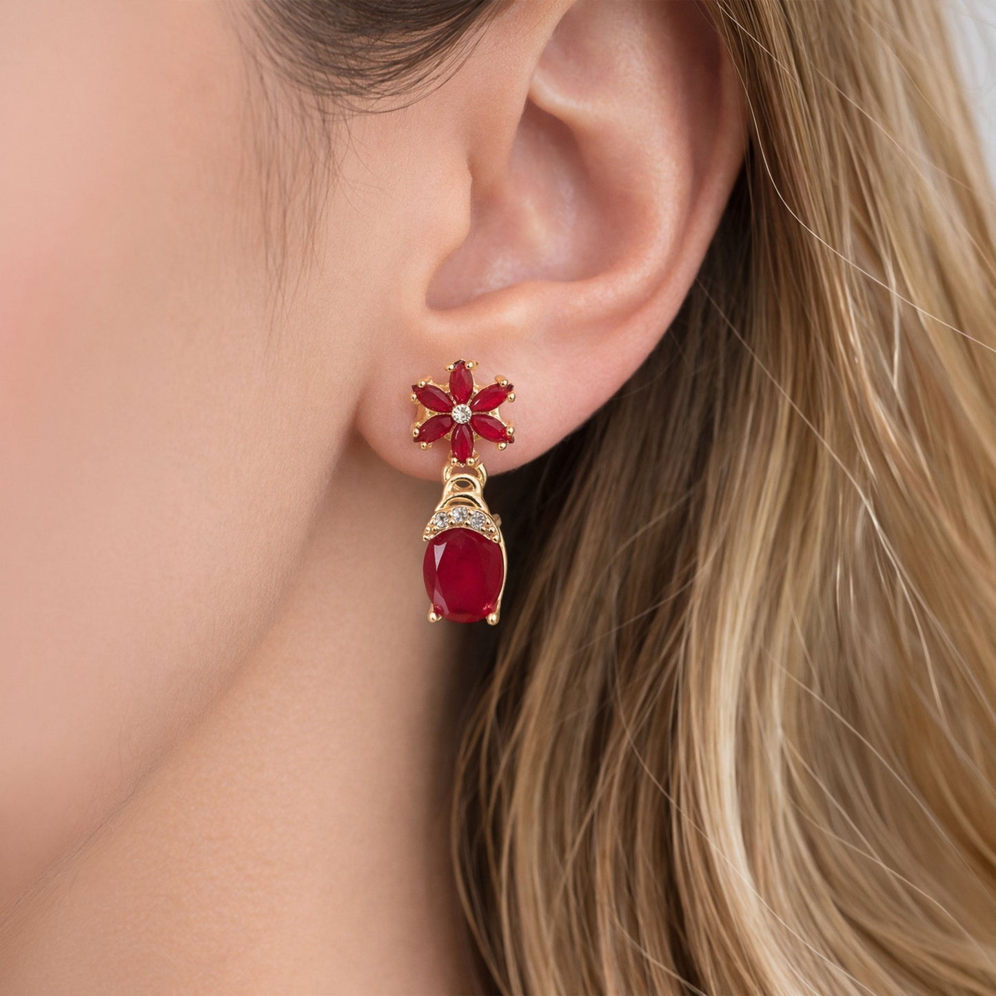 Shivora Ruby Red Blossom Crystal Drop Earrings
