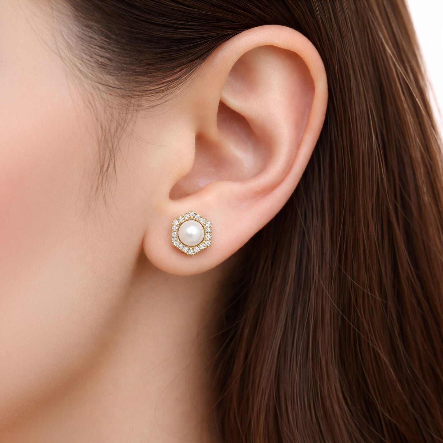 Shivora Hexagon Pearl Stud Earrings – Gold Tone