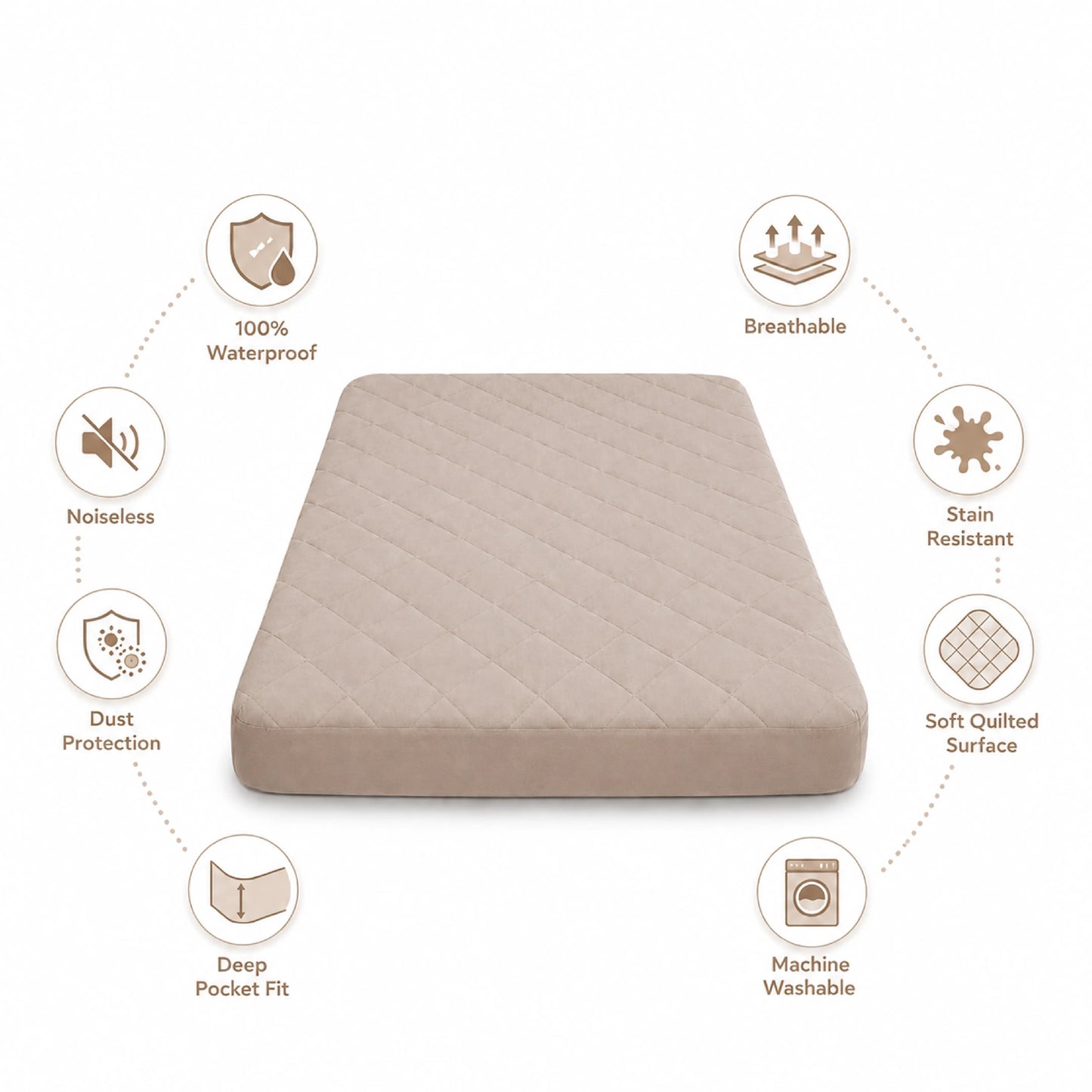 100% Waterproof Quilted Fitted Mattress Cover - Tan