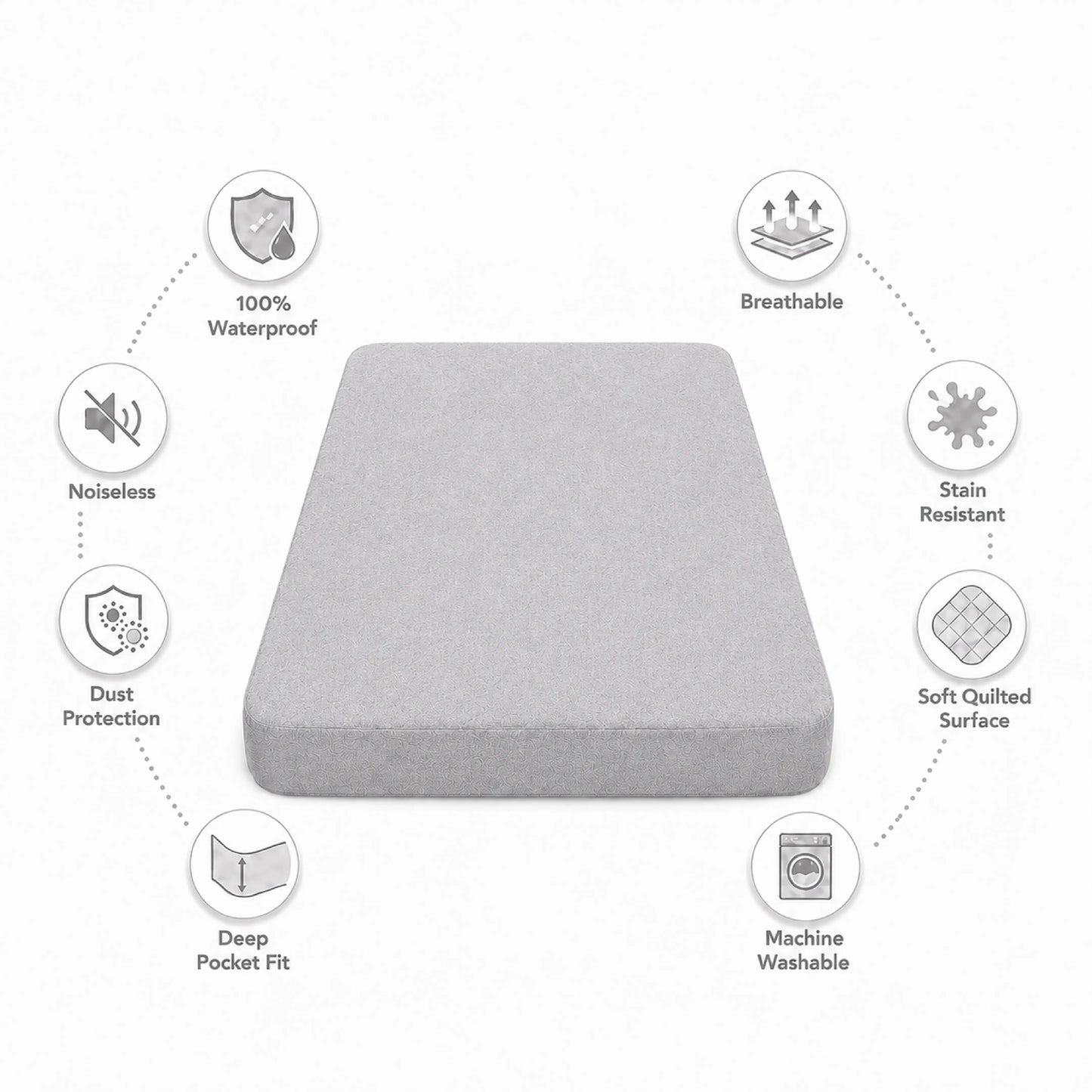 100% Waterproof Quilted Fitted Mattress Cover - Plain Grey