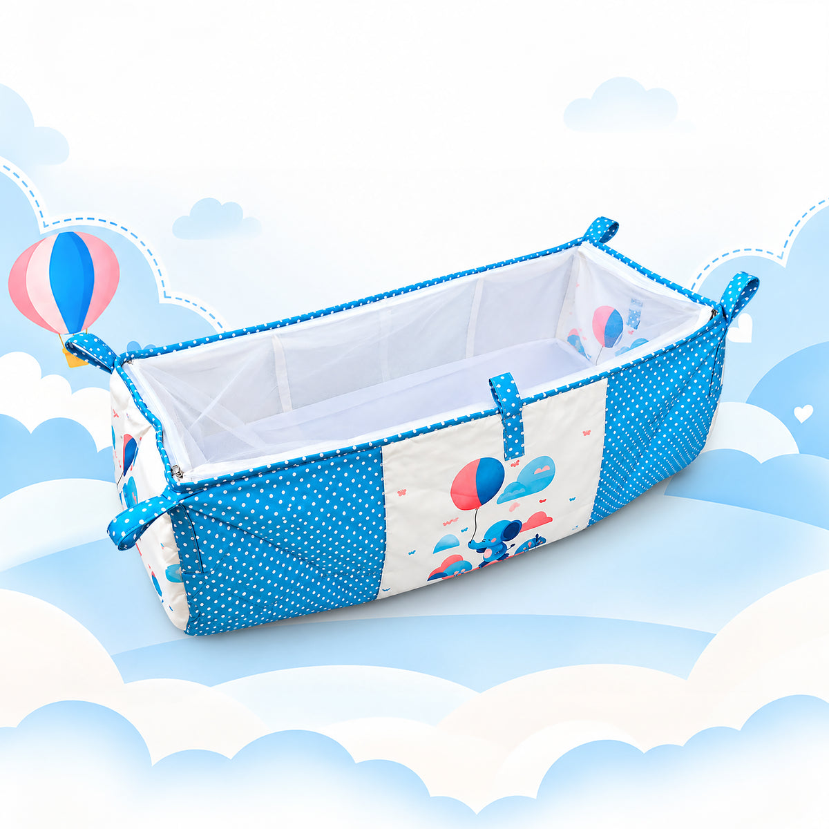 Baby Blue Printed Baby Bassinet | Portable Newborn Sleeping Bed with Mosquito Net | Foldable Cradle for Infants & Newborns