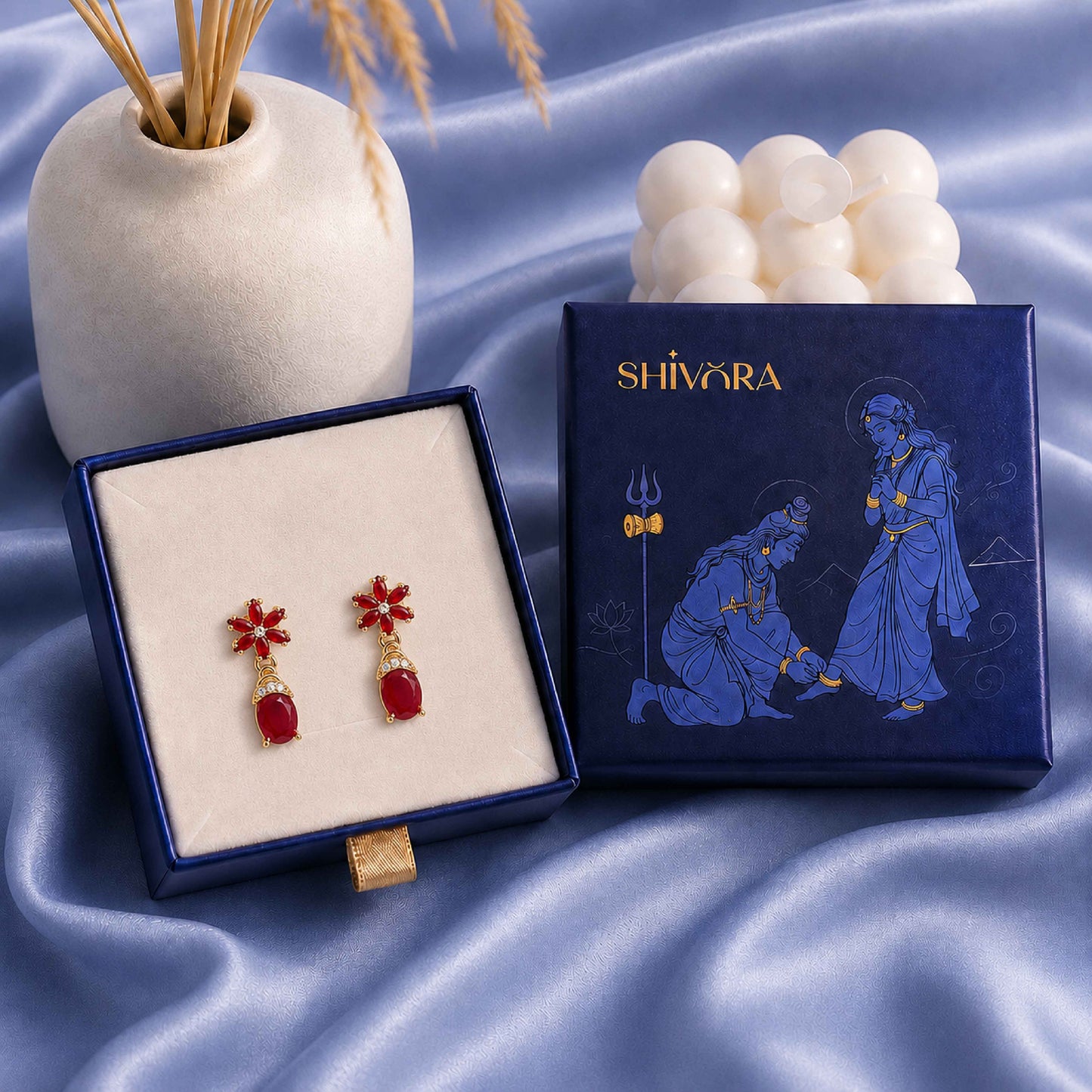 Shivora Ruby Red Blossom Crystal Drop Earrings