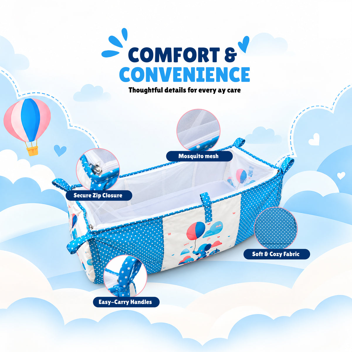 Baby Blue Printed Baby Bassinet | Portable Newborn Sleeping Bed with Mosquito Net | Foldable Cradle for Infants & Newborns