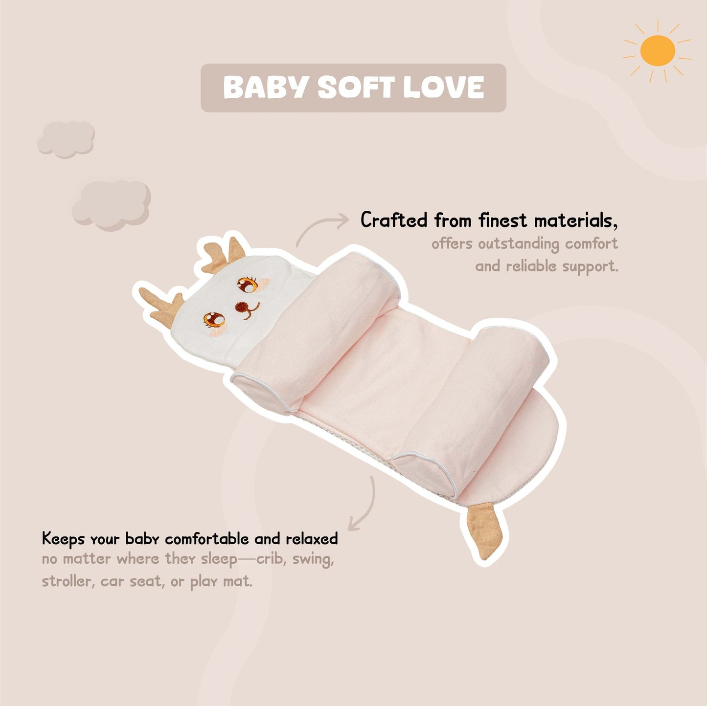 Bubzee Deer Baby Pillow for Kids, Head & Back Safety Support