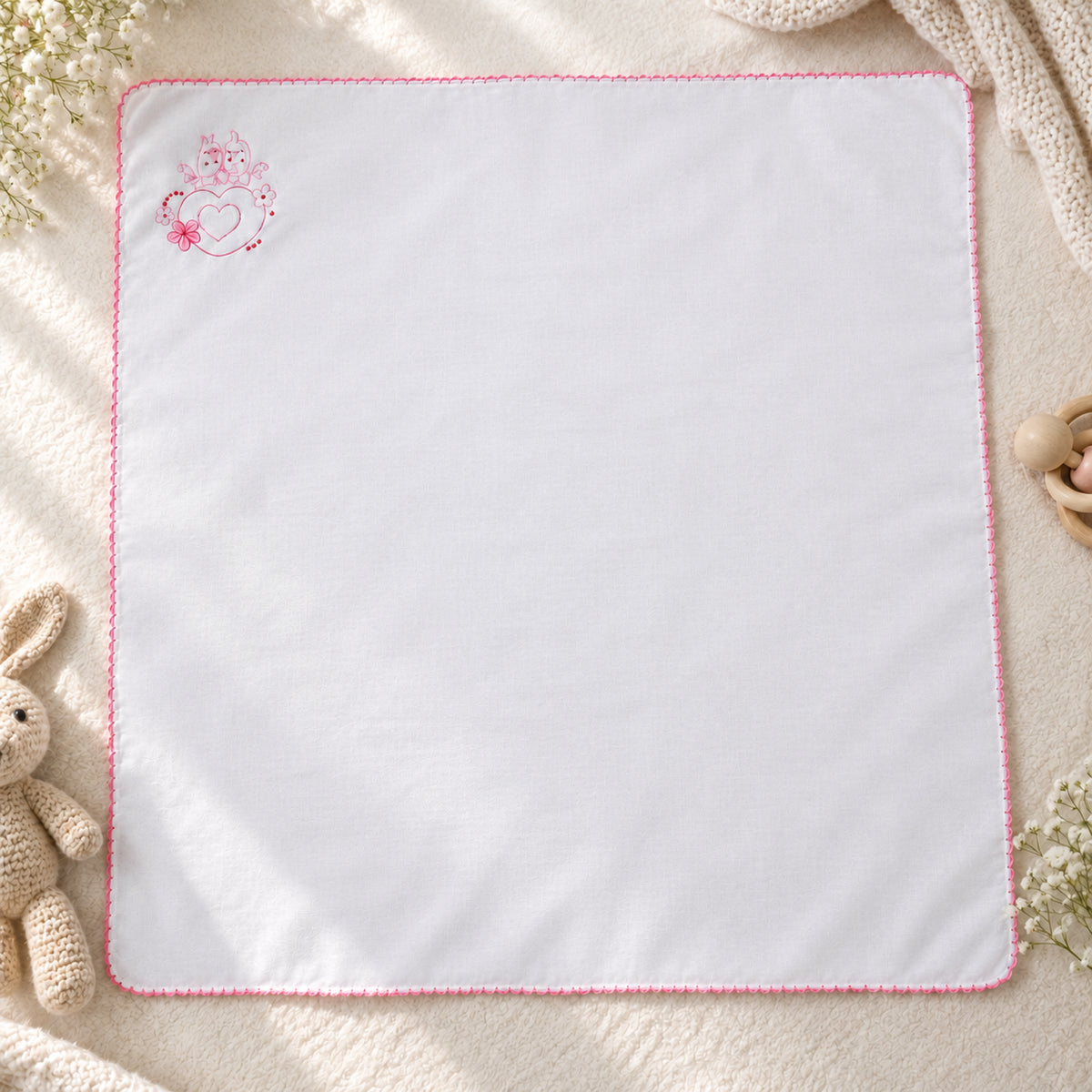 Baby Rumal for Newborn | White Baby Receiving Cloth with Pink Border & Cute Embroidered Design | Soft Baby Handkerchief for Newborn Baby, Baby Shower, Naming Ceremony & Gifting