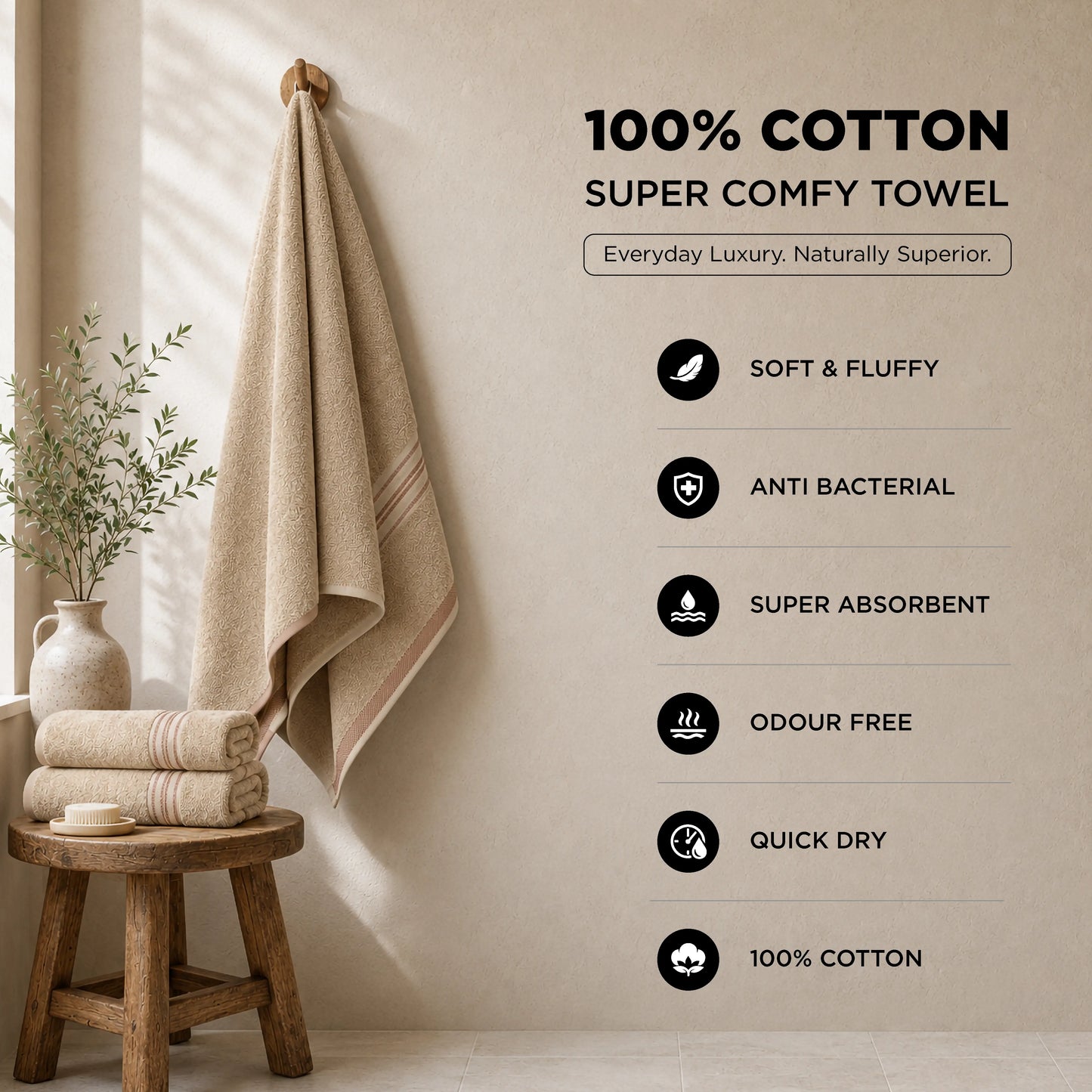 Premium Terry Cotton Bath Towel for Men & Women - Beige