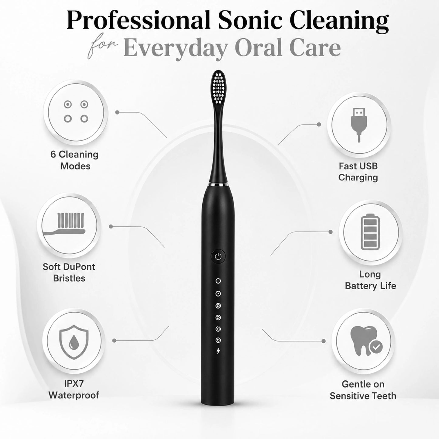 Black Sonic Electric Toothbrush – Rechargeable & Waterproof – Pack of 1