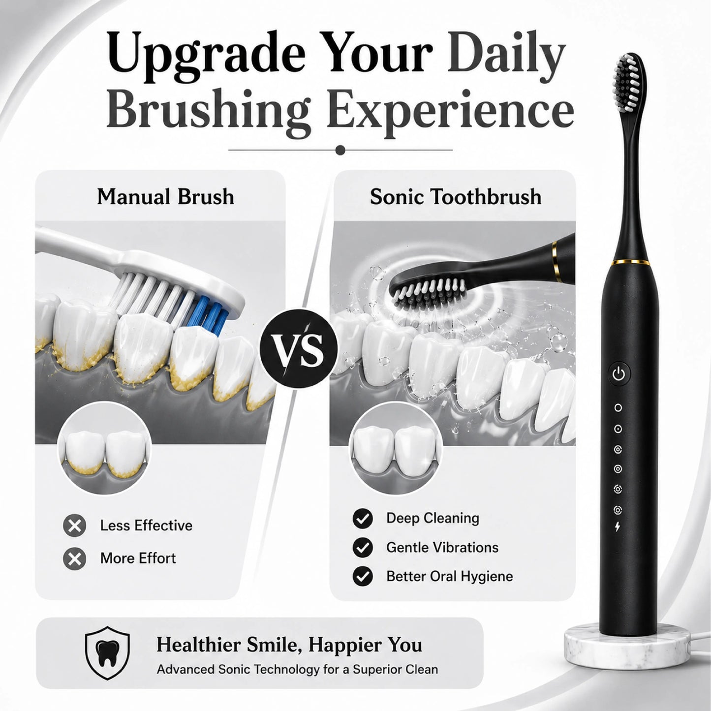 Black Sonic Electric Toothbrush – Rechargeable & Waterproof – Pack of 1