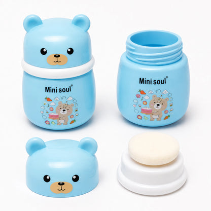 Cute Bear Baby Powder Storage Box with Puff – Blue