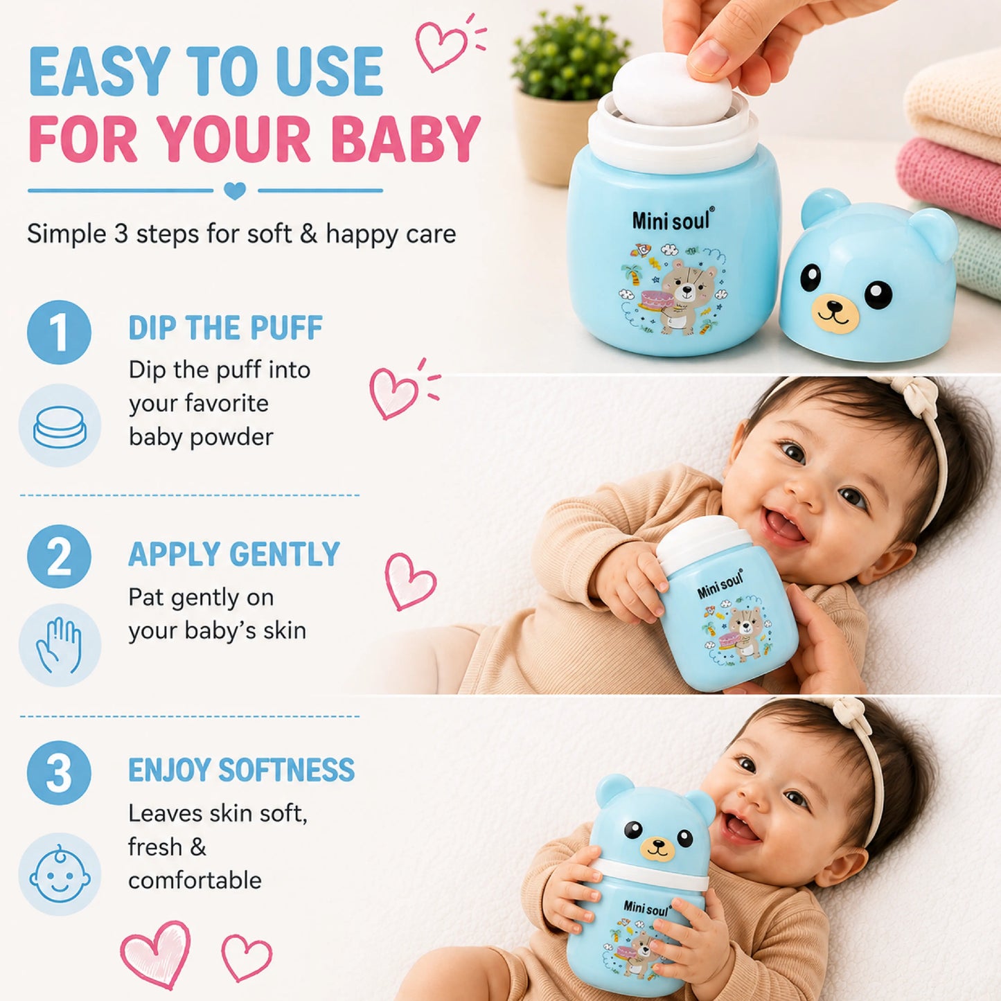 Cute Bear Baby Powder Storage Box with Puff – Blue