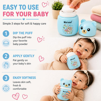 Cute Bear Baby Powder Storage Box with Puff – Blue