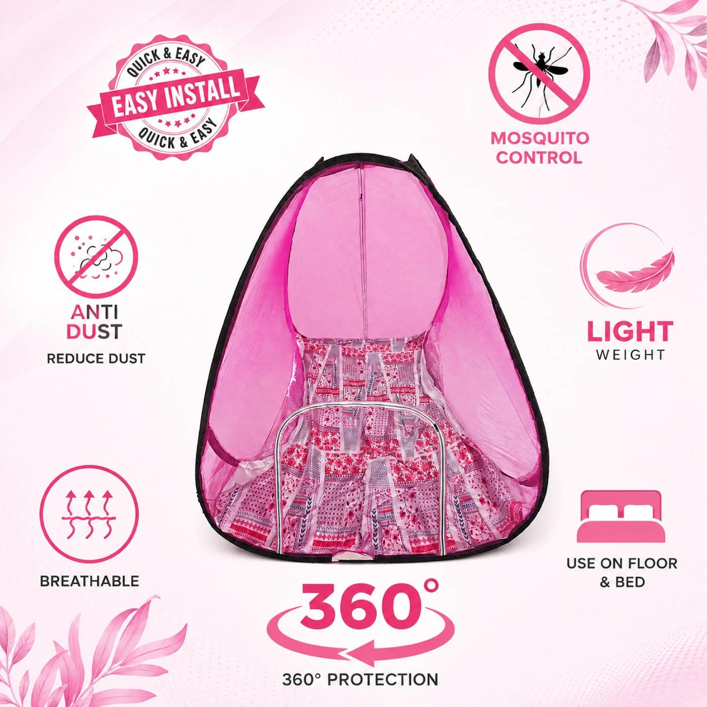 Foldable Pop-Up Mosquito Net Tent – Pink with Patterned Base