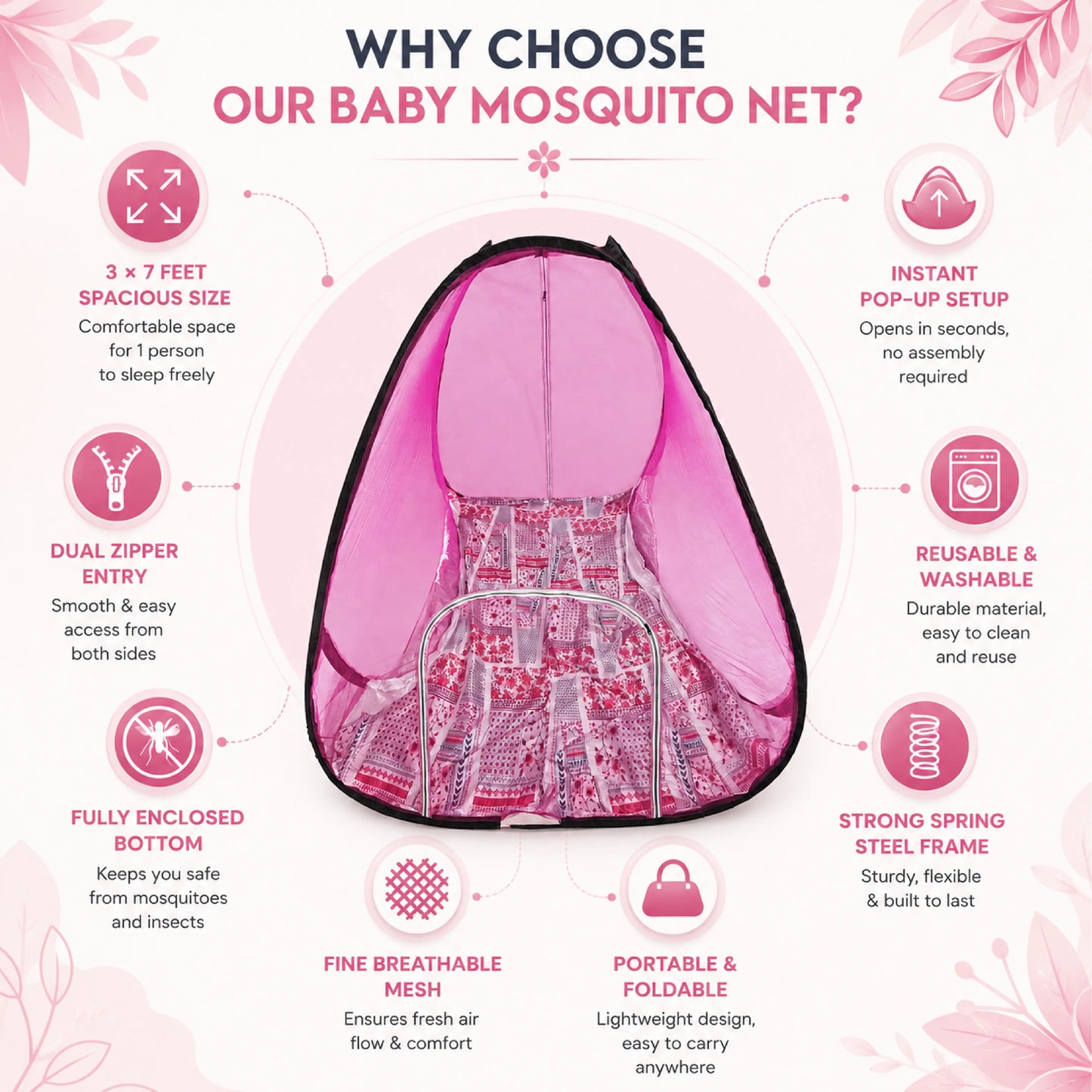 Foldable Pop-Up Mosquito Net Tent – Pink with Patterned Base
