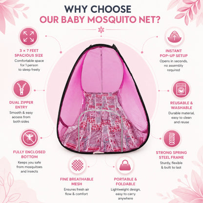 Foldable Pop-Up Mosquito Net Tent – Pink with Patterned Base