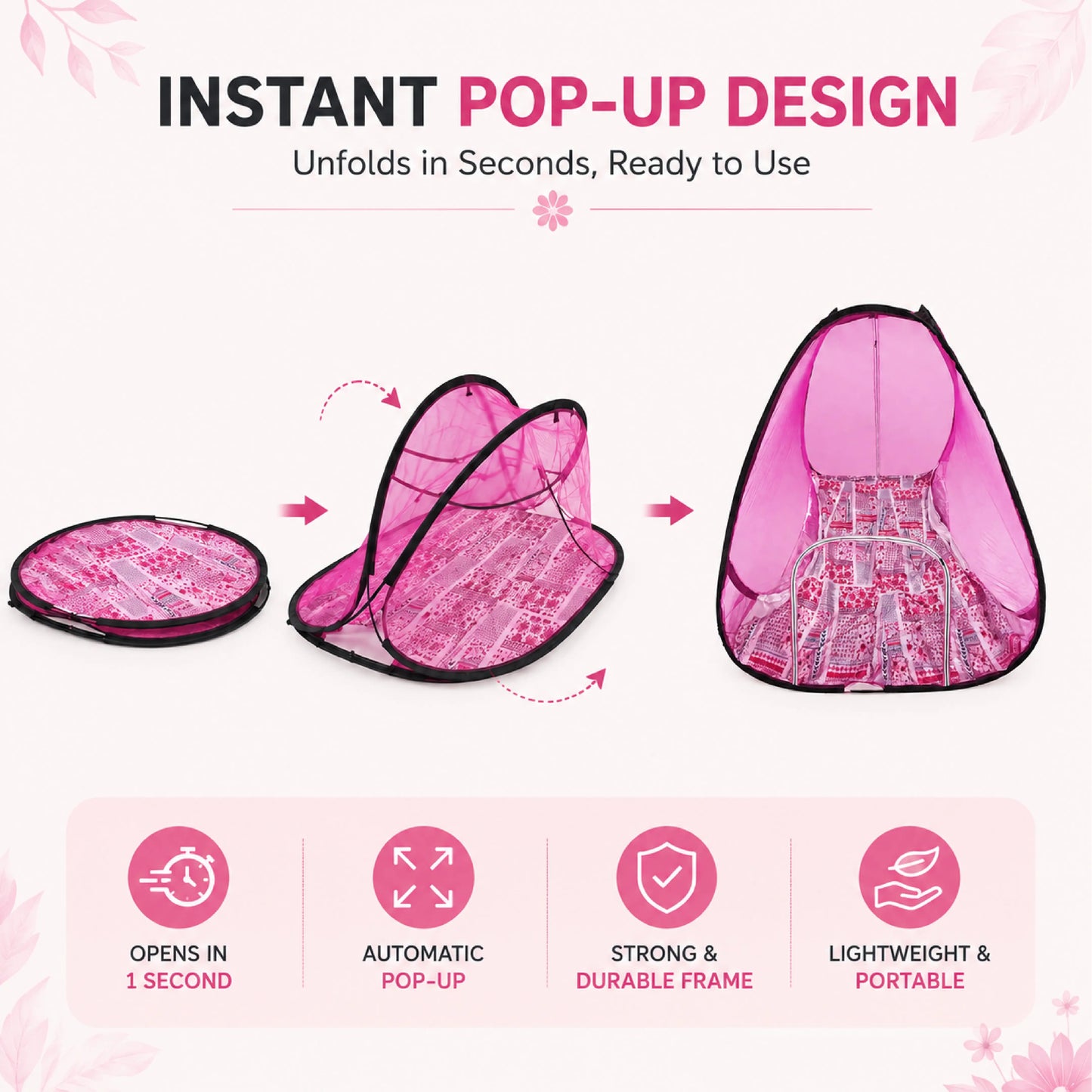 Foldable Pop-Up Mosquito Net Tent – Pink with Patterned Base