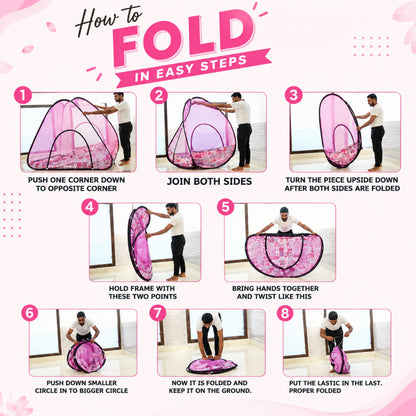 Foldable Pop-Up Mosquito Net Tent – Pink with Patterned Base