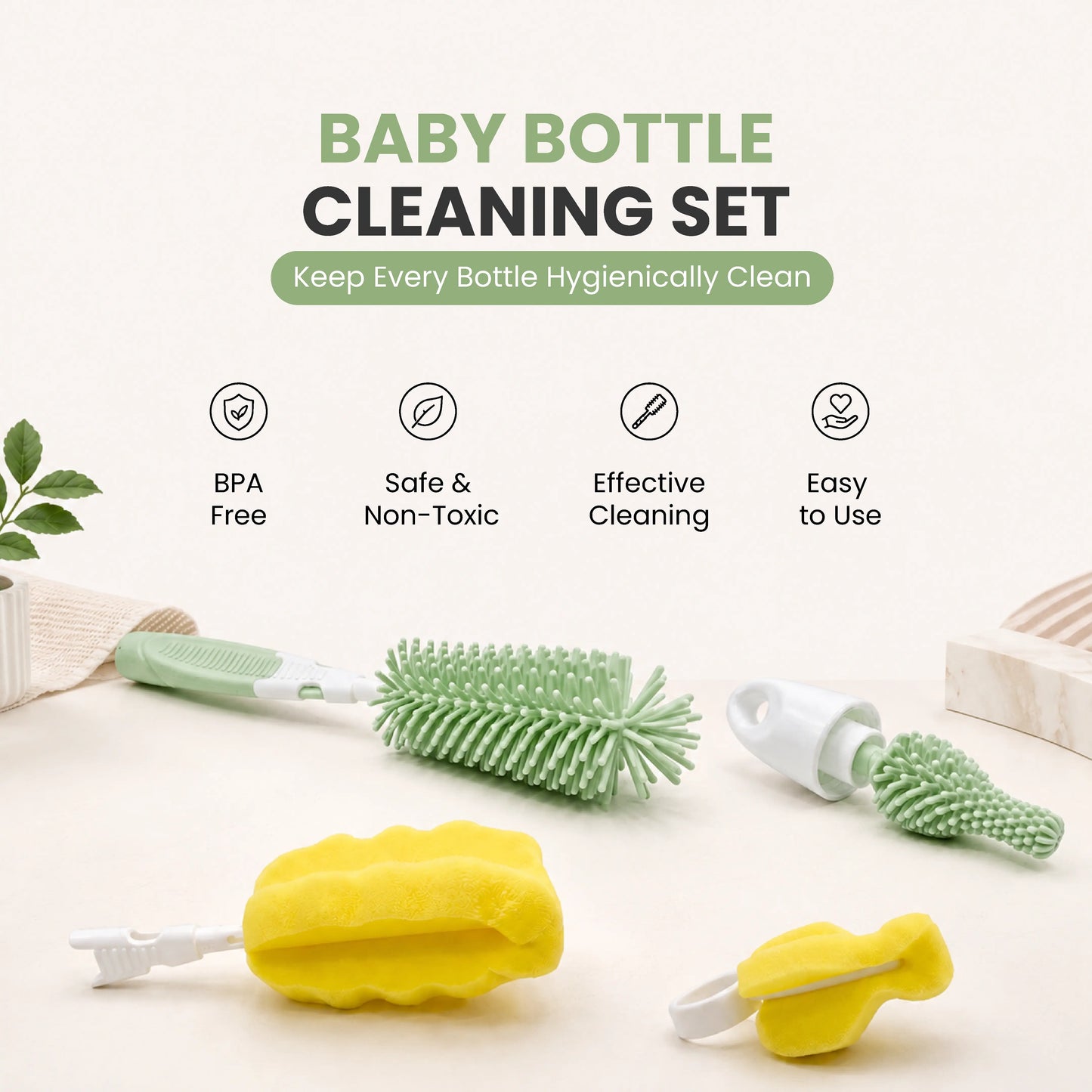 Baby Feeding Bottle Cleaning Brush Set with Straw Cleaner | BPA Free – Green