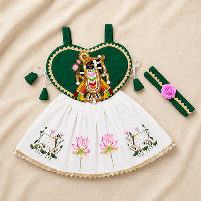 Baby Girl Shree Nathji Chhathi Pujan Dress with Kamdhenu – Green