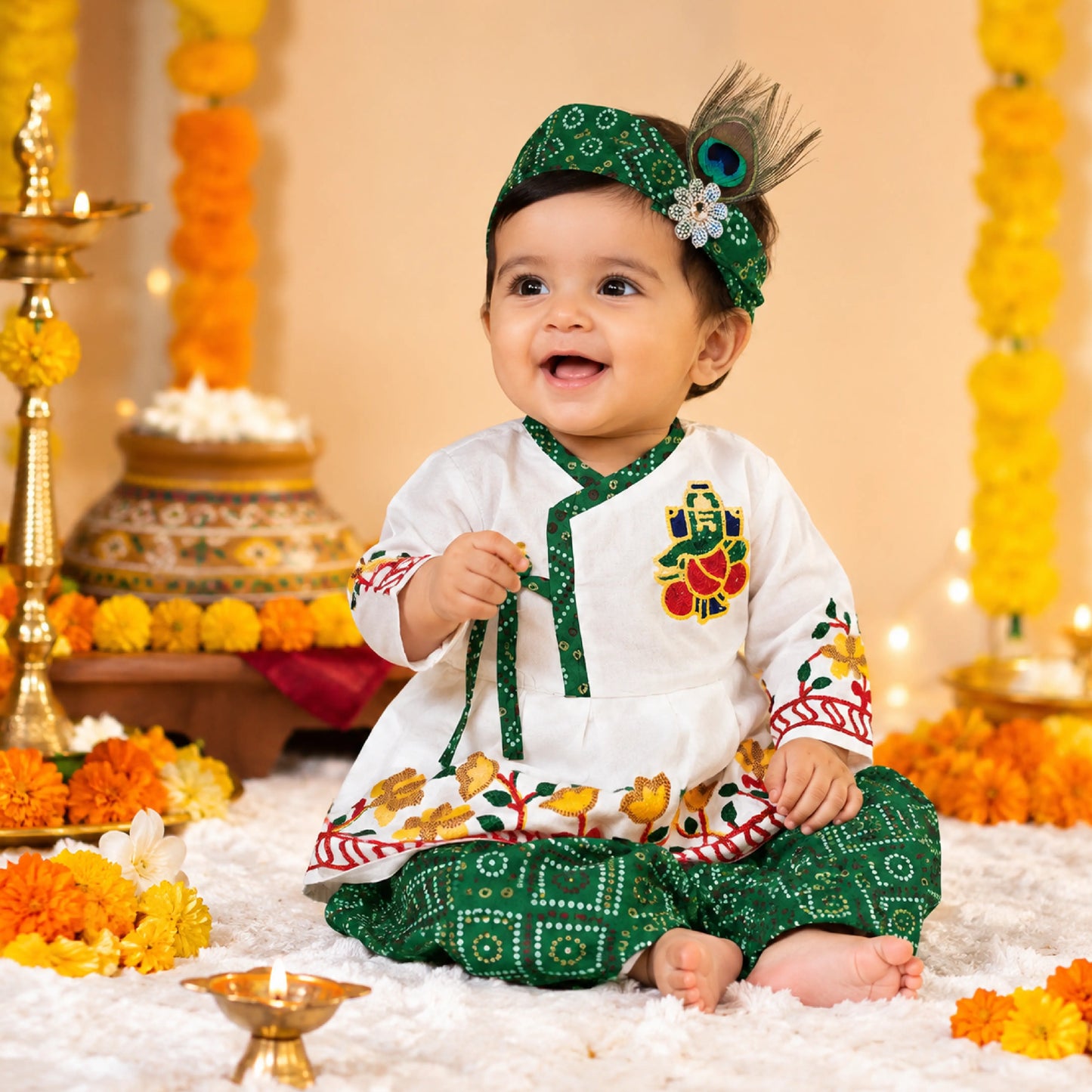 Baby Boy Krishna Look for Chhathi Ceremony Dress Set – Green