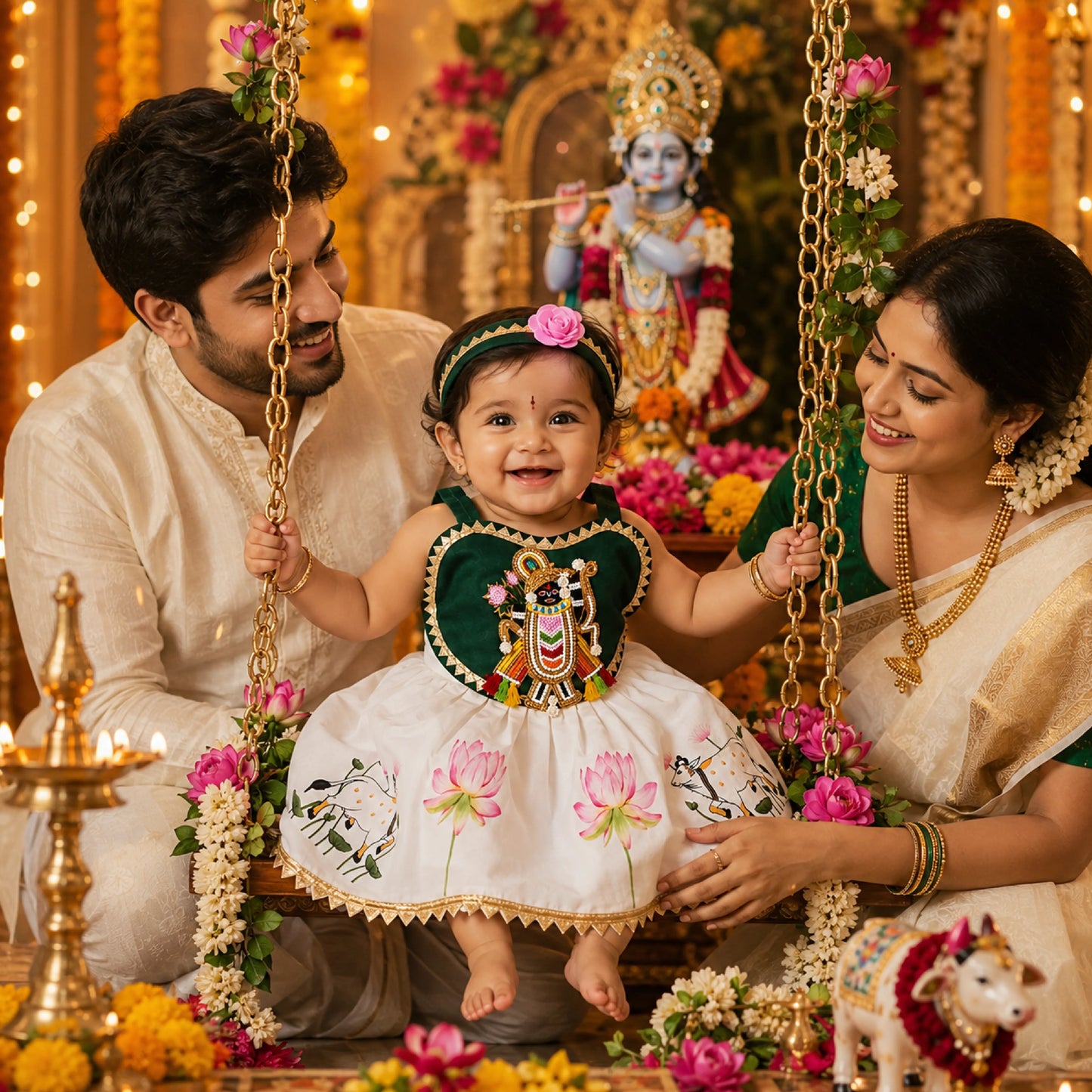 Baby Girl Shree Nathji Chhathi Pujan Dress with Kamdhenu – Green