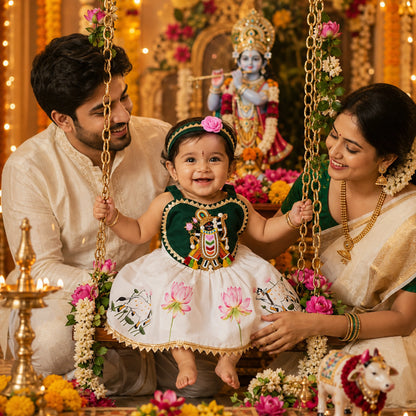 Baby Girl Shree Nathji Chhathi Pujan Dress with Kamdhenu – Green