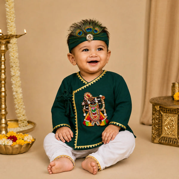 Baby Boy Shree Nathji Chhathi Pujan Ethnic Outfit Set – Green