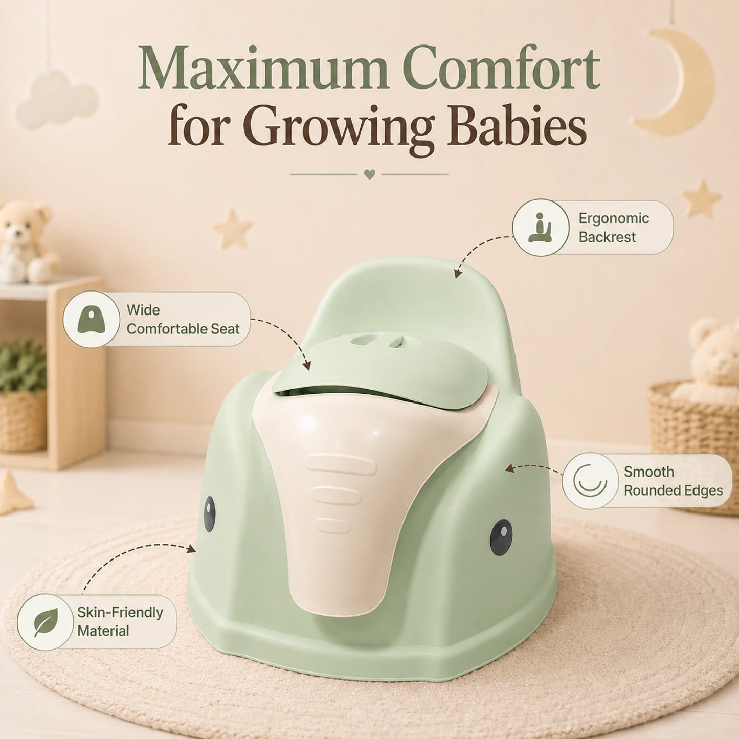 Elephant Design Baby Potty Chair with Backrest – Green