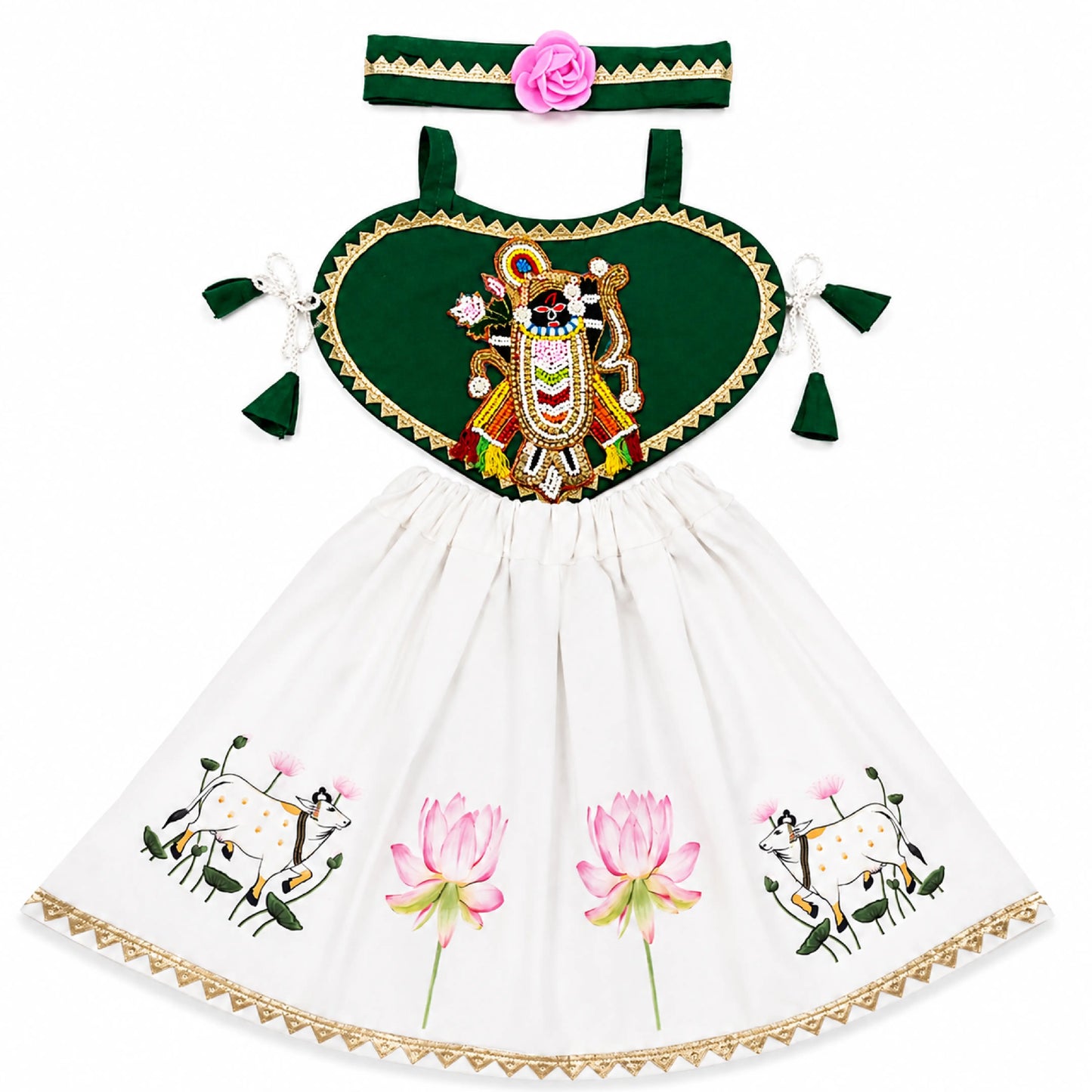Baby Girl Shree Nathji Chhathi Pujan Dress with Kamdhenu – Green