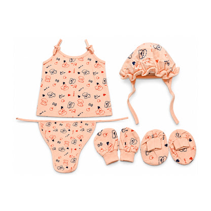 Newborn Baby Peach Printed 5-Piece Clothing Set | Sleeveless Top with Cap, Mittens, Booties & Nappy