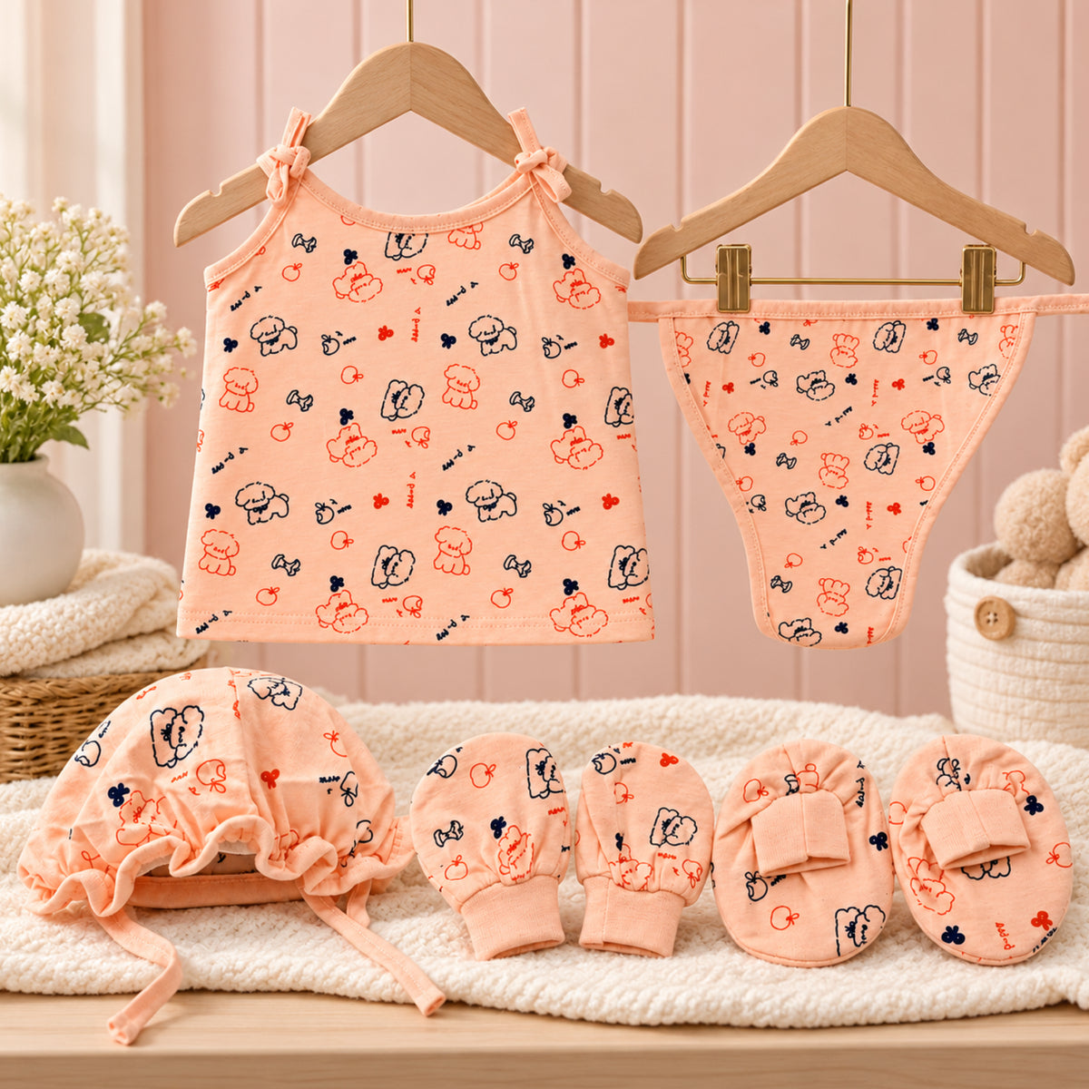 Newborn Baby Peach Printed 5-Piece Clothing Set | Sleeveless Top with Cap, Mittens, Booties & Nappy