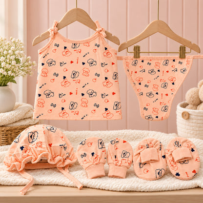 Newborn Baby Peach Printed 5-Piece Clothing Set | Sleeveless Top with Cap, Mittens, Booties & Nappy