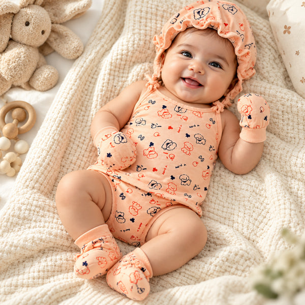 Newborn Baby Peach Printed 5-Piece Clothing Set | Sleeveless Top with Cap, Mittens, Booties & Nappy